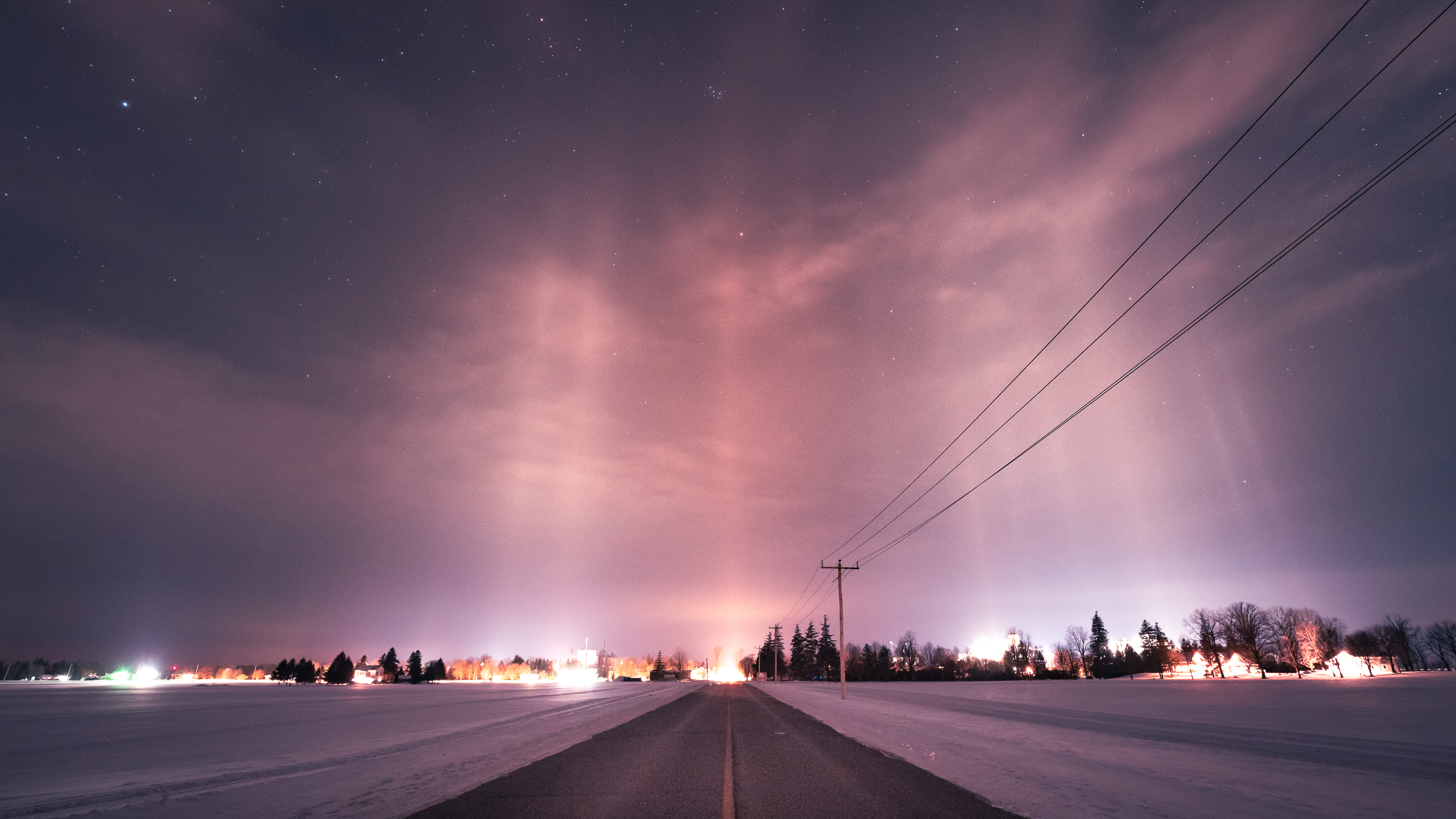 Road Winter Snow Sky Stars Lights 2981x1677