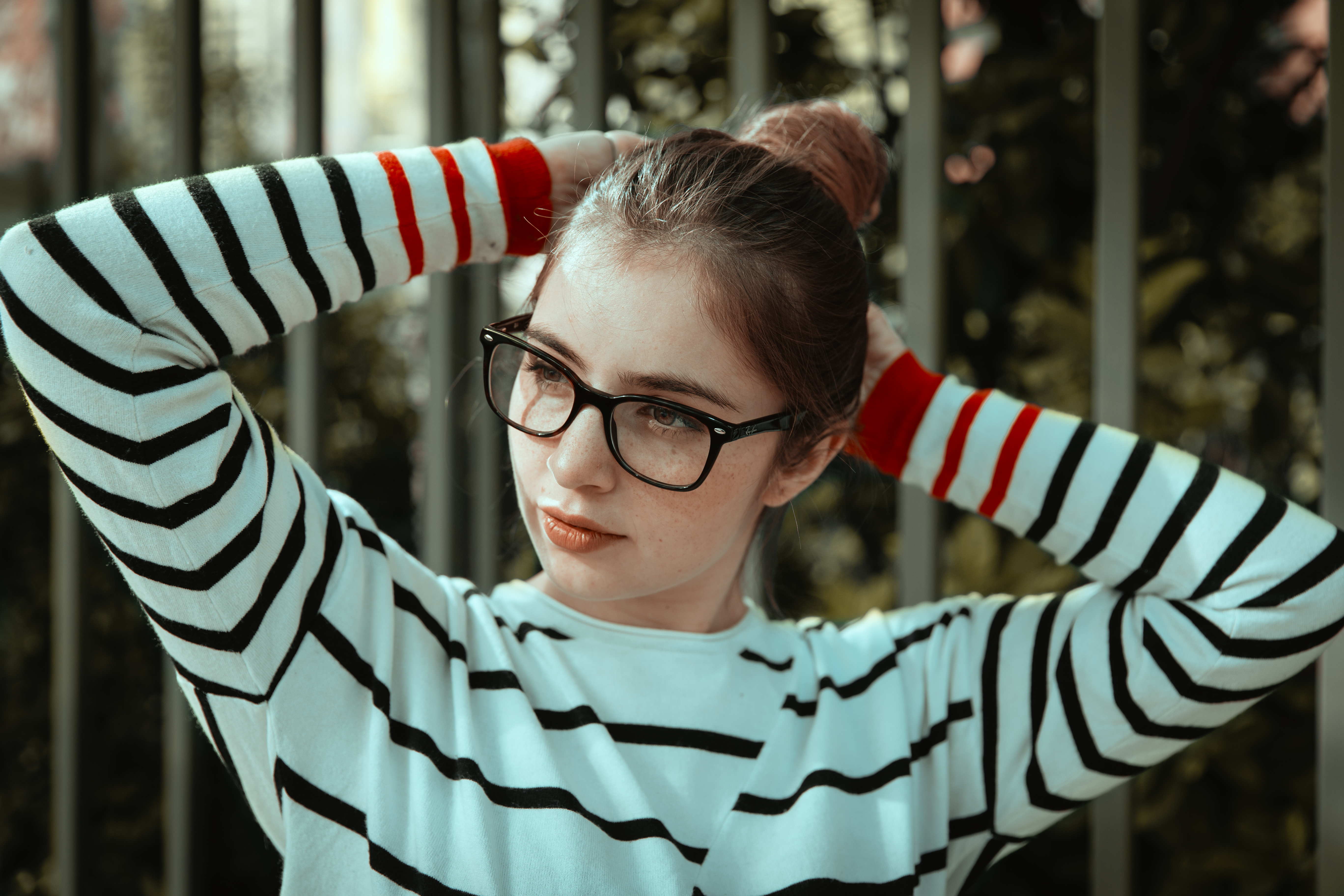 Women Women With Glasses Looking Away Striped Clothing Freckles 5472x3648