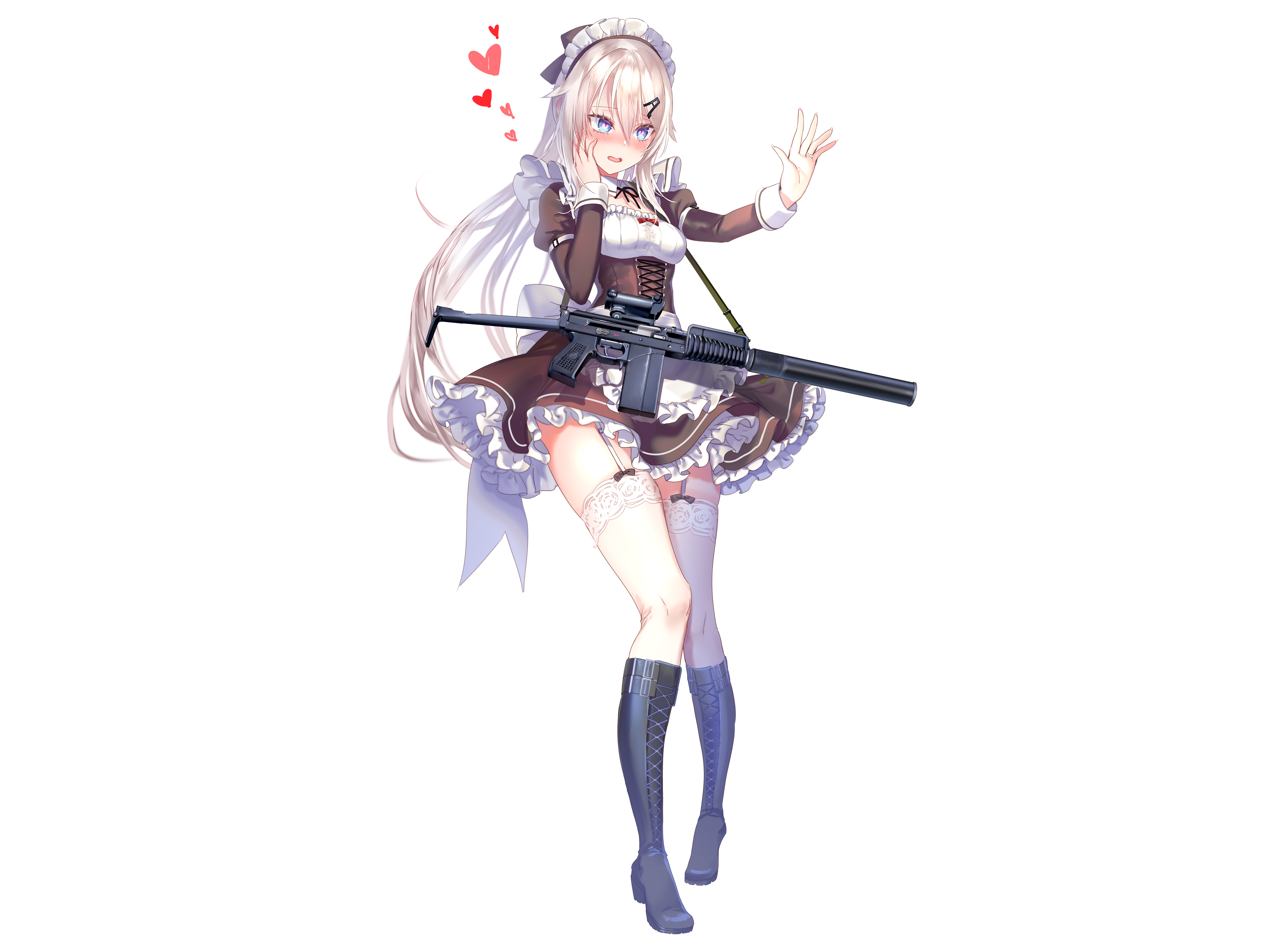 9A 91 Girls Frontline Apron Aqua Eyes Weapon Long Hair Dress Maid Headdress Gun Boots Blushing Silve 4576x3400
