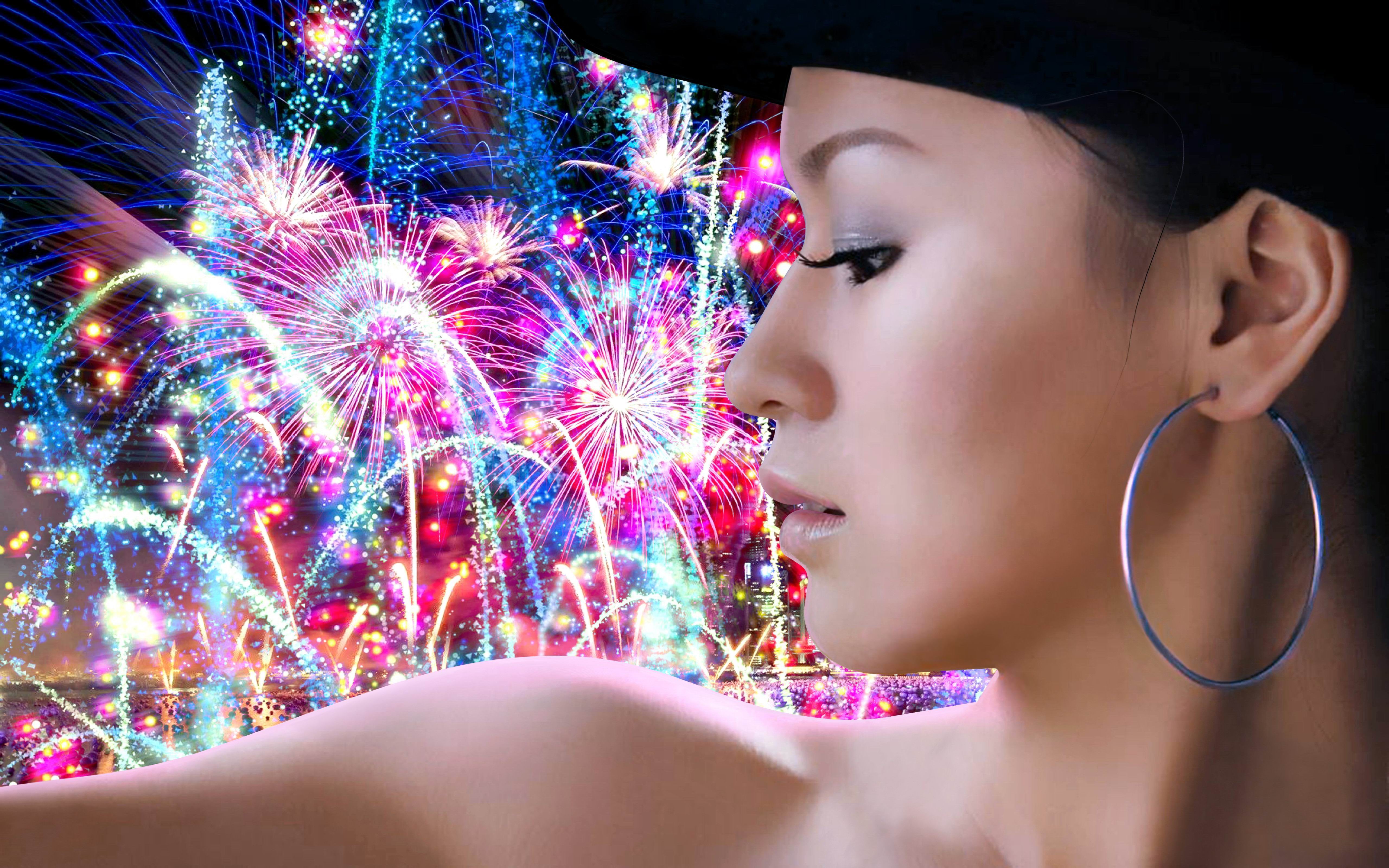 Asian Colorful Earrings Face Fireworks Hat Model New Year Oriental Profile 5120x3200