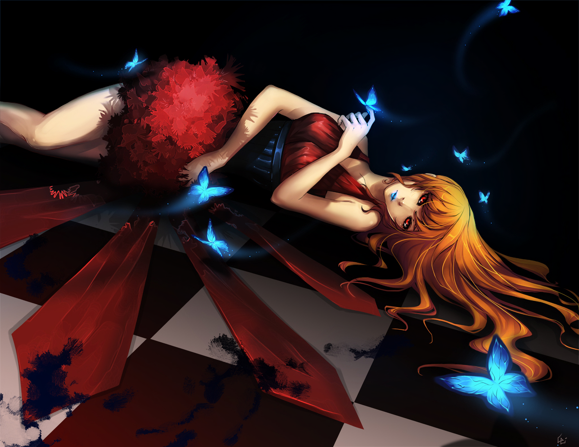 Blonde Butterfly Girl Red Eyes Woman 1920x1483