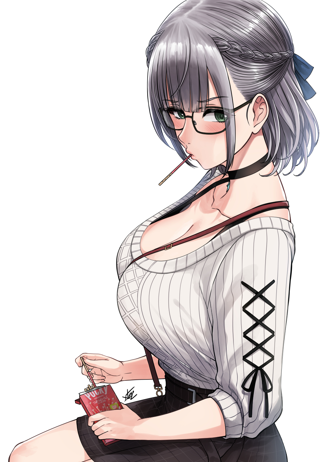 Anime Girls Hololive Shirogane Noel Xtermination Sweater Glasses Pocky Green Eyes Grey Hair 1052x1500