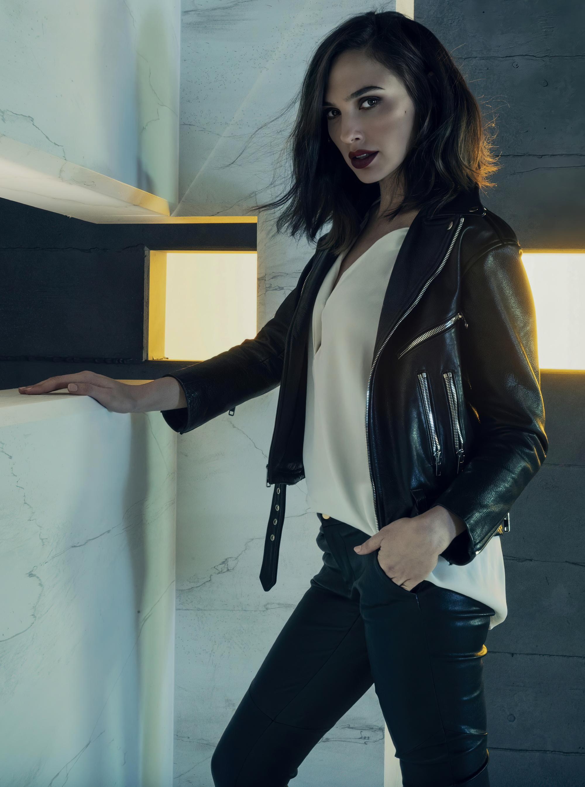 Gal Gadot Women Model Actress Dark Lipstick Leather Pants Leather Jackets Black Jackets Indoors Isra 2000x2693