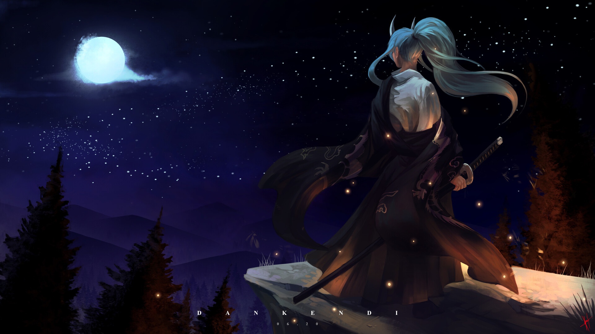 Blue Hair Girl Moon Night Ponytail Samurai Woman Warrior 1920x1080