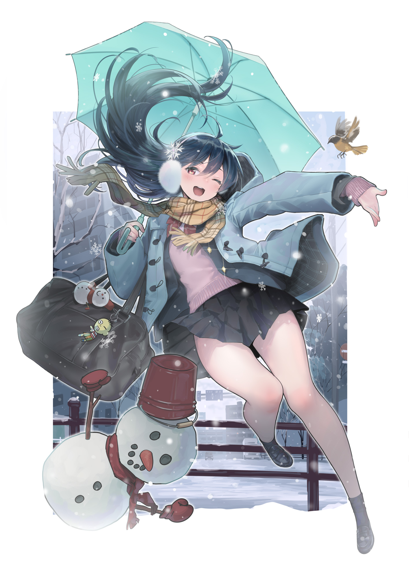 Anime Anime Girls Original Characters Scarf Vertical Twinpoo School Uniform Coats Umbrella Dark Hair 1414x2000