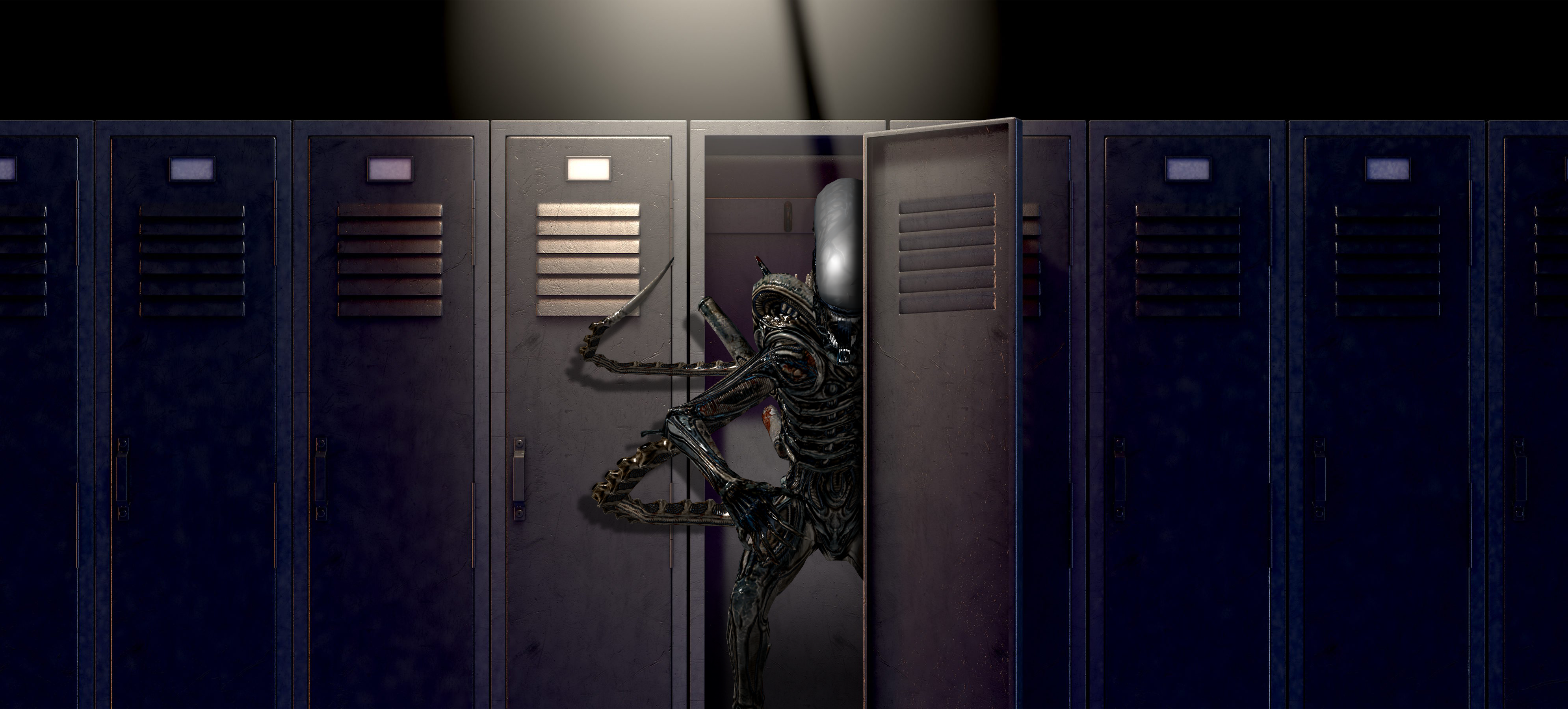 Cabinet Dark Aliens Xenomorph Horror Science Fiction Locker Room Digital Art Creature 3980x1800