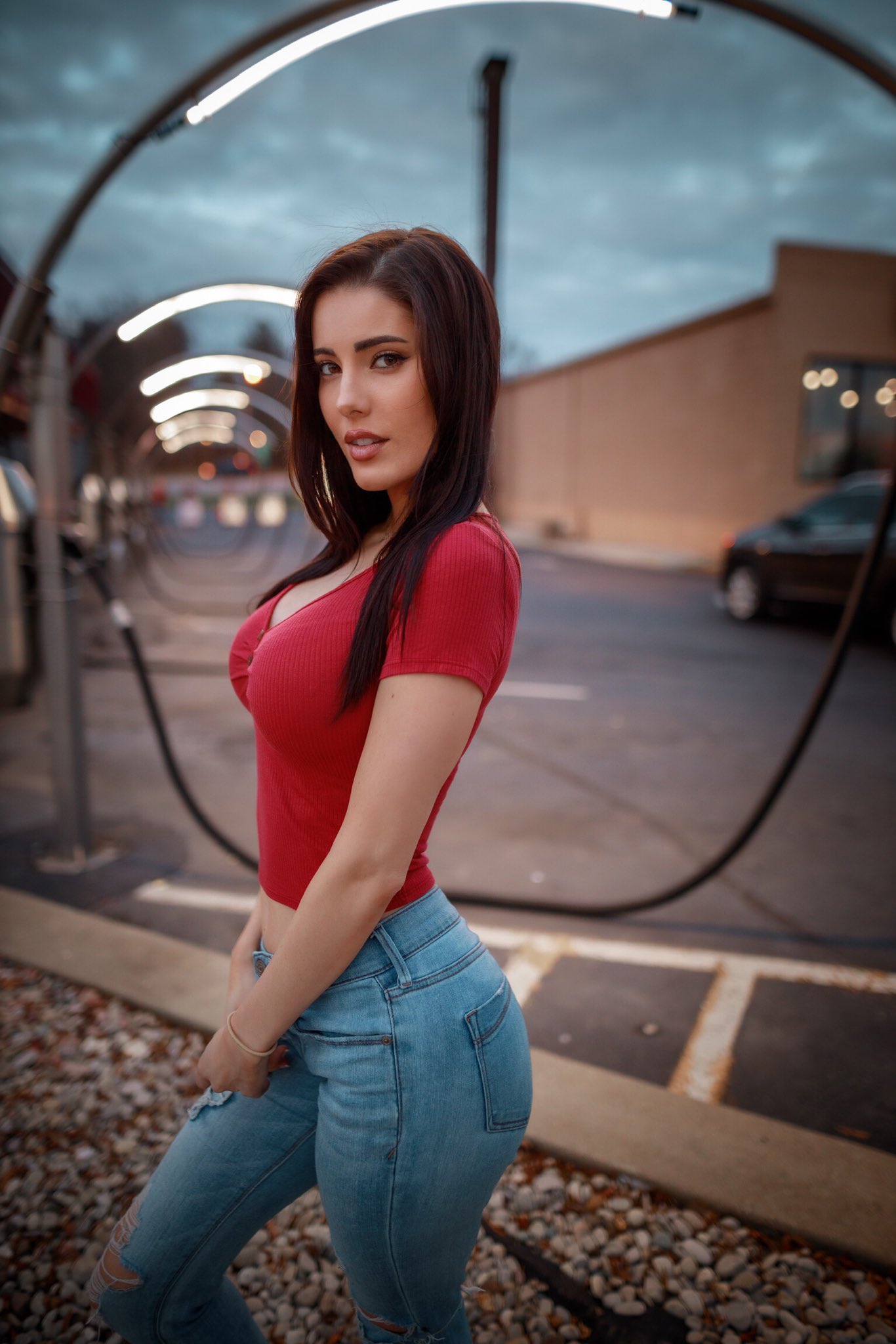 Women Model Brunette Long Hair Women Outdoors Portrait Display Jeans Urban Red T Shirt Looking At Vi 1366x2048