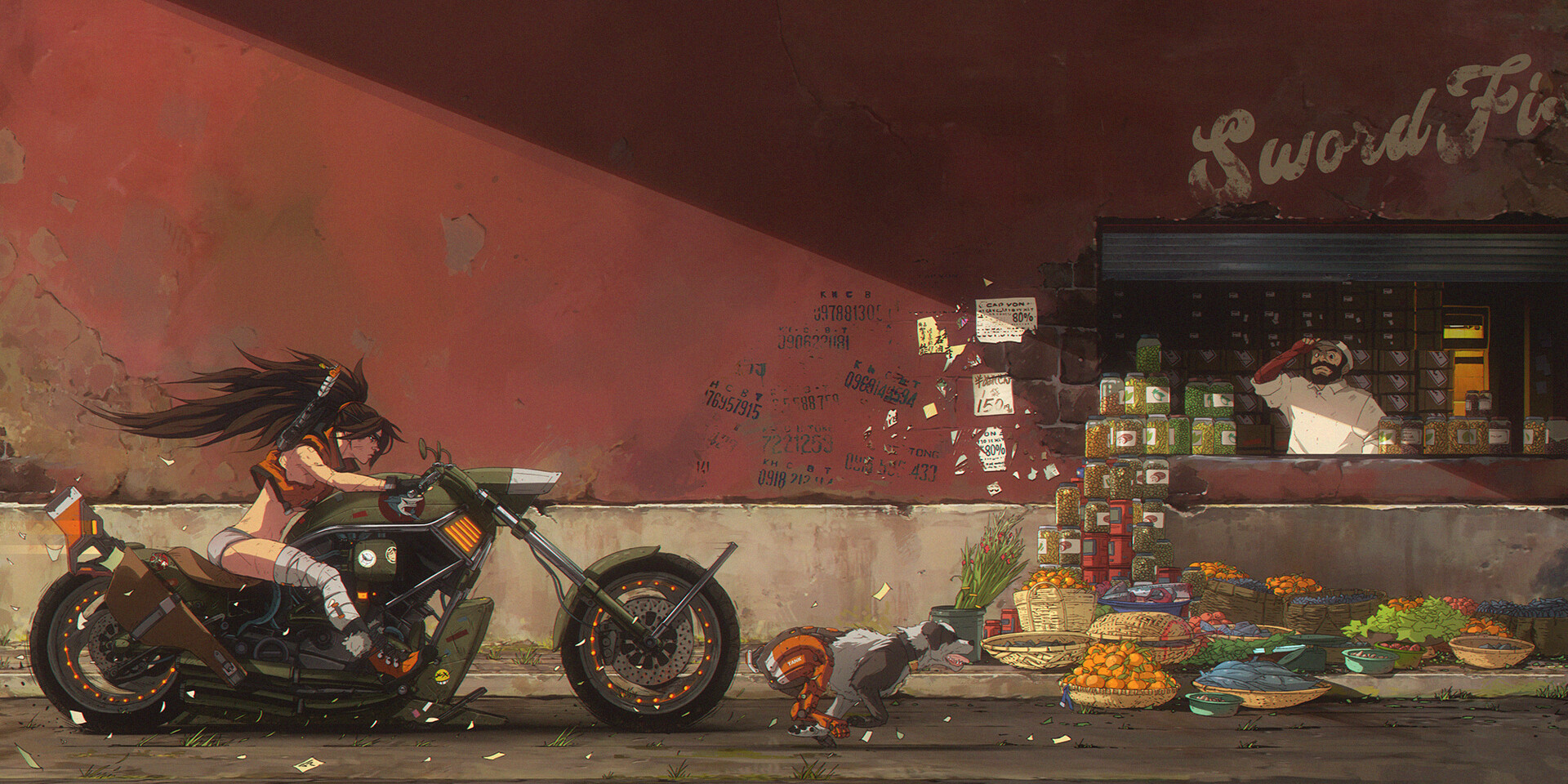 Anime Girls Original Characters Anime Side View Motorcycle Dog Women Shop 1920x960