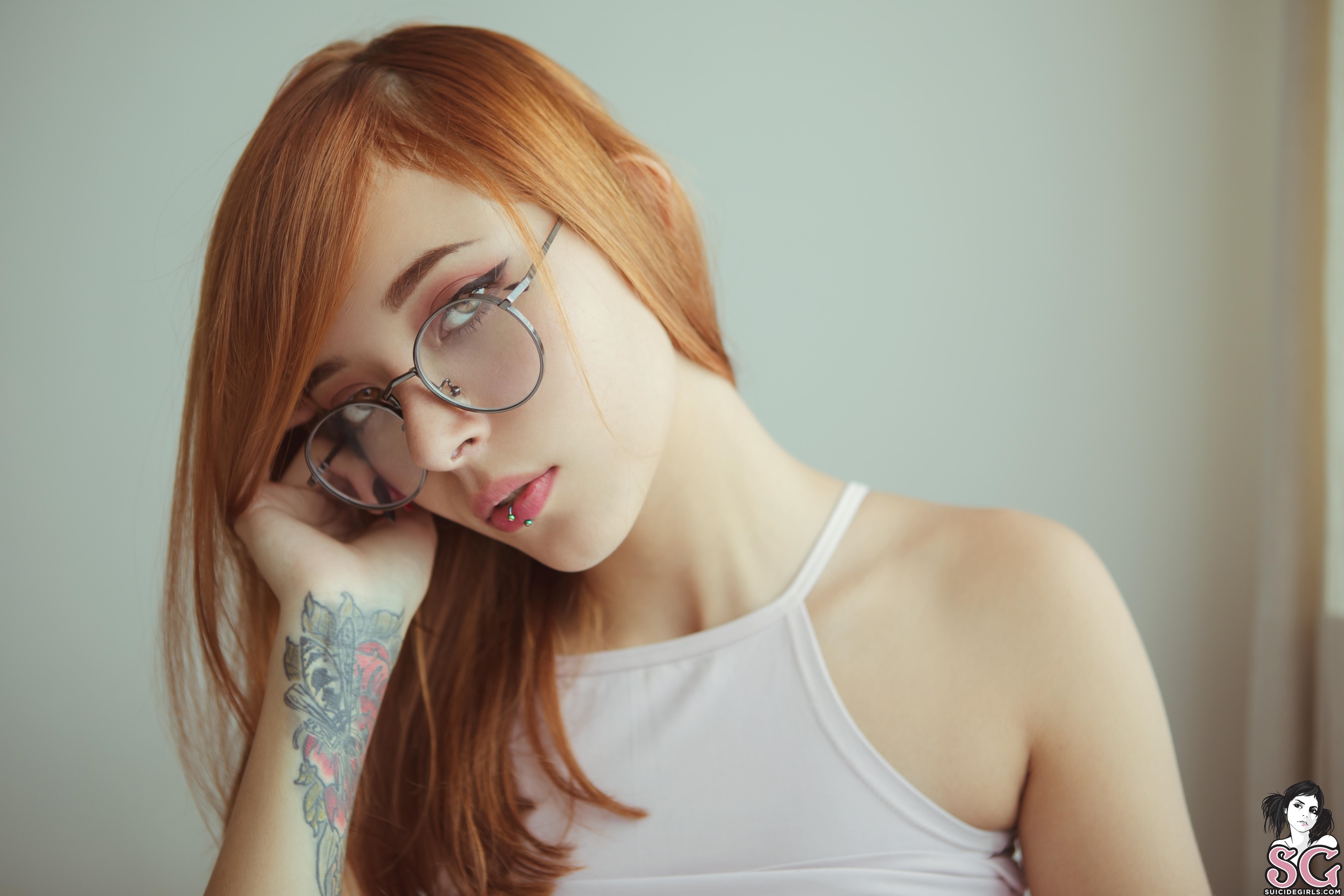 Redhead Women Model Face Tattoo Bare Shoulders Piercing Women With Glasses 2688x1792