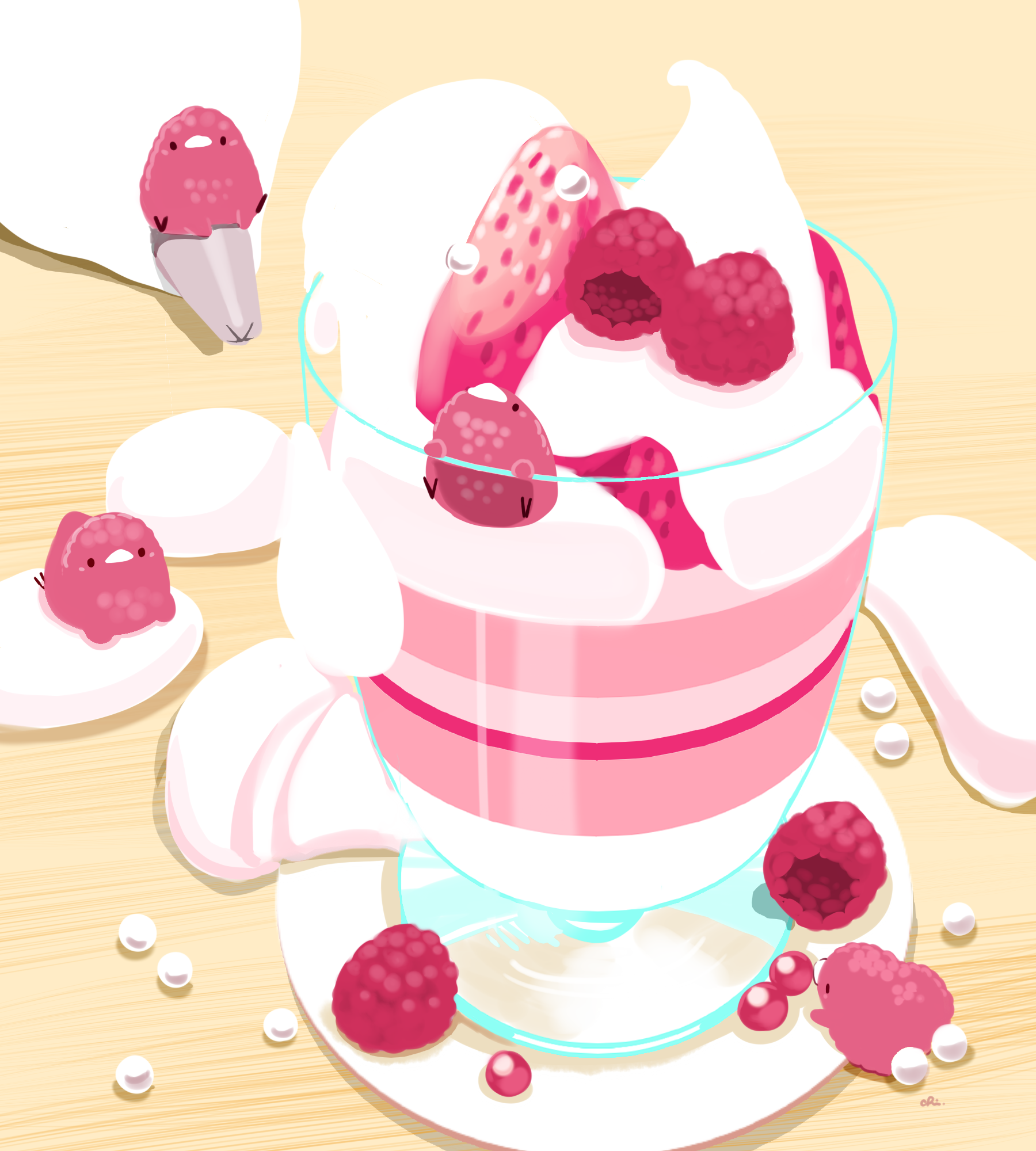 Original Characters Birds Raspberries Drawingchisanne Food Simple Background Digital Art Vertical 1800x2000