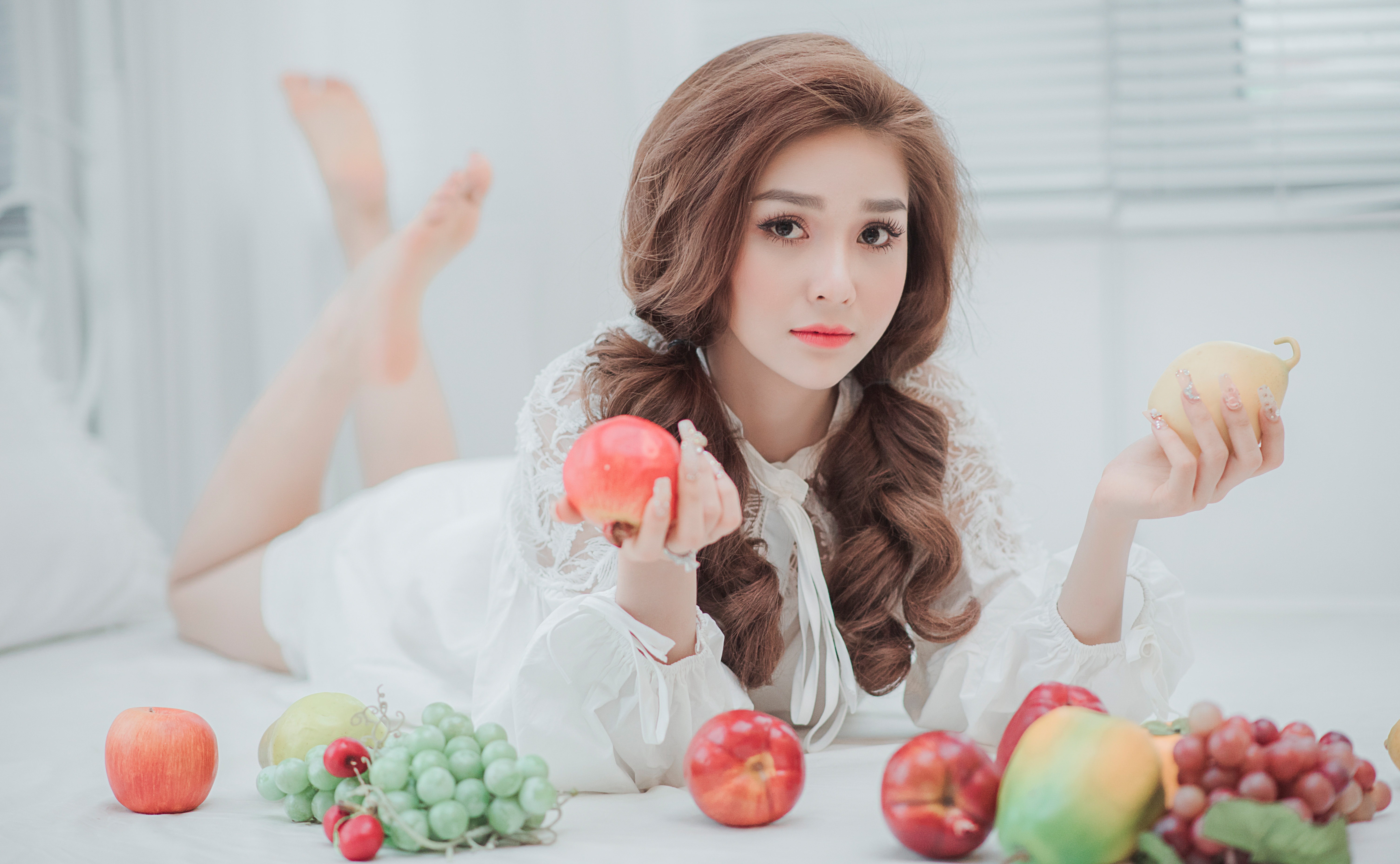 Apple Asian Brown Eyes Brunette Fruit Girl Grapes Model Twintails White Dress Woman 6016x3714