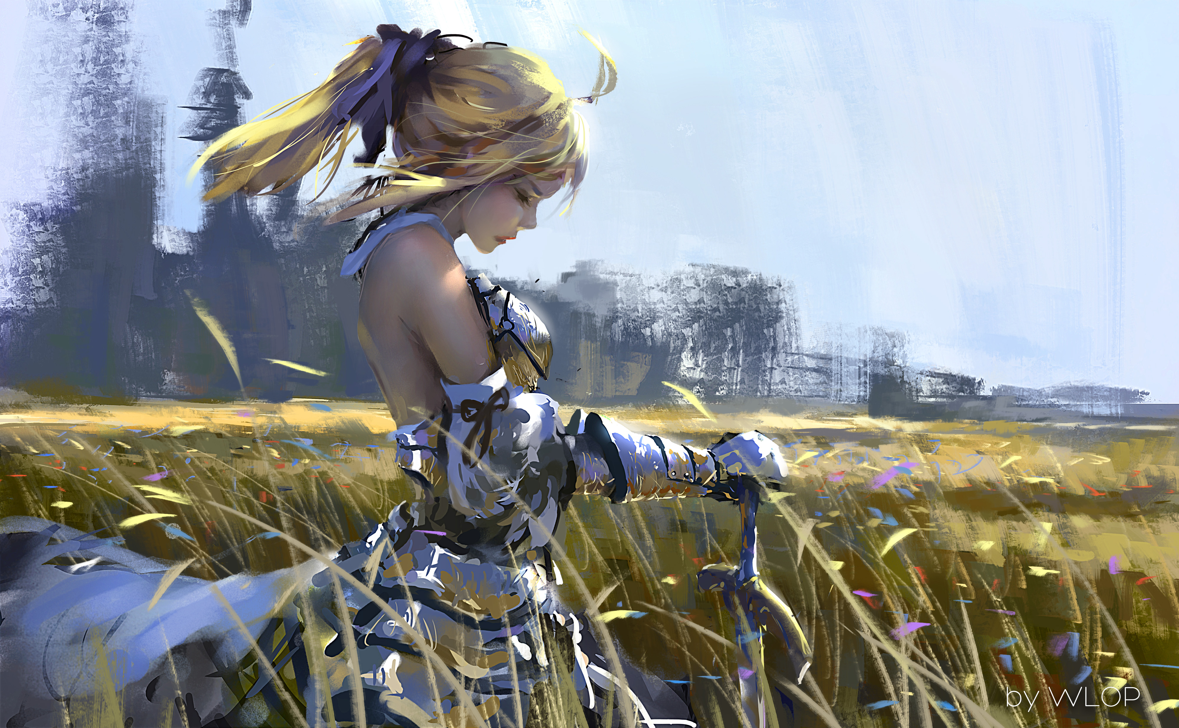 Armor Blonde Excalibur Fate Series Field Ribbon Saber Fate Series Saber Lily Sword Weapon Wind 4000x2469