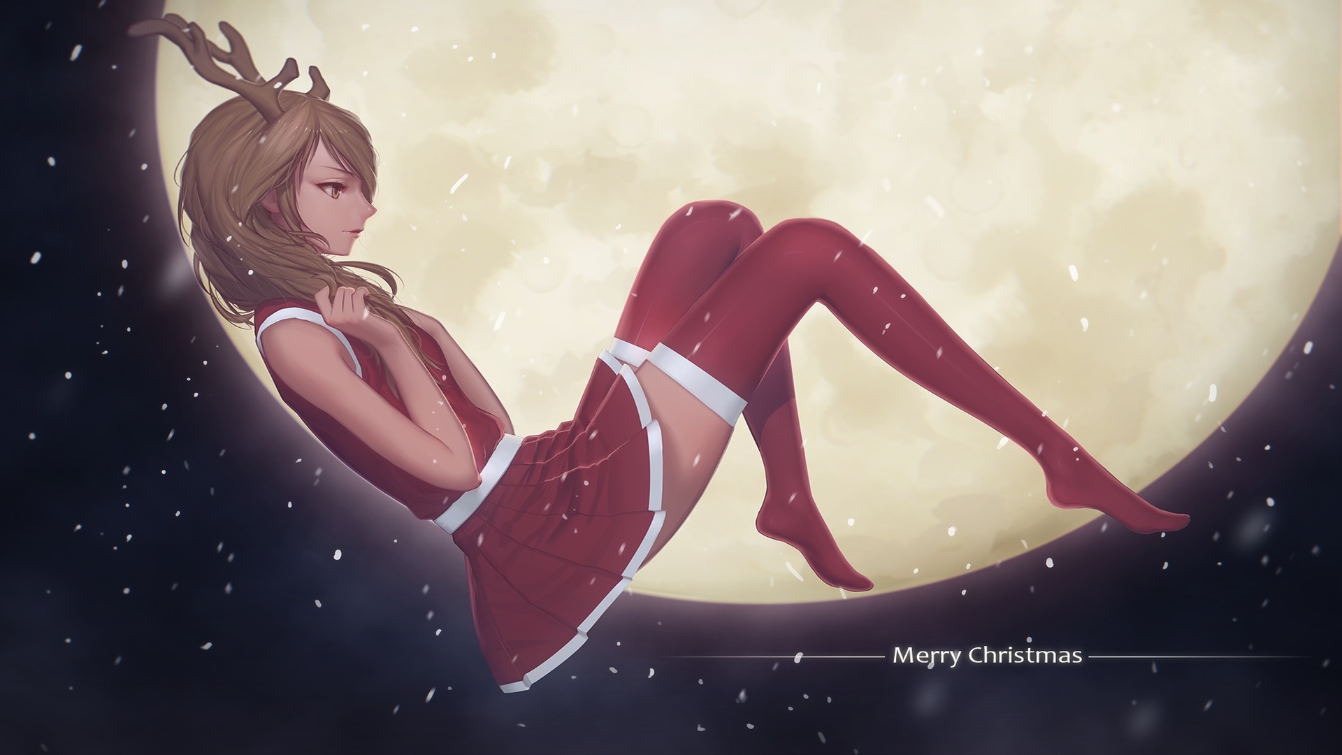 Anime Girls Santa Costume Christmas Maredoro Original Characters Thigh Highs Moon Horns Dress Santa  1920x1080