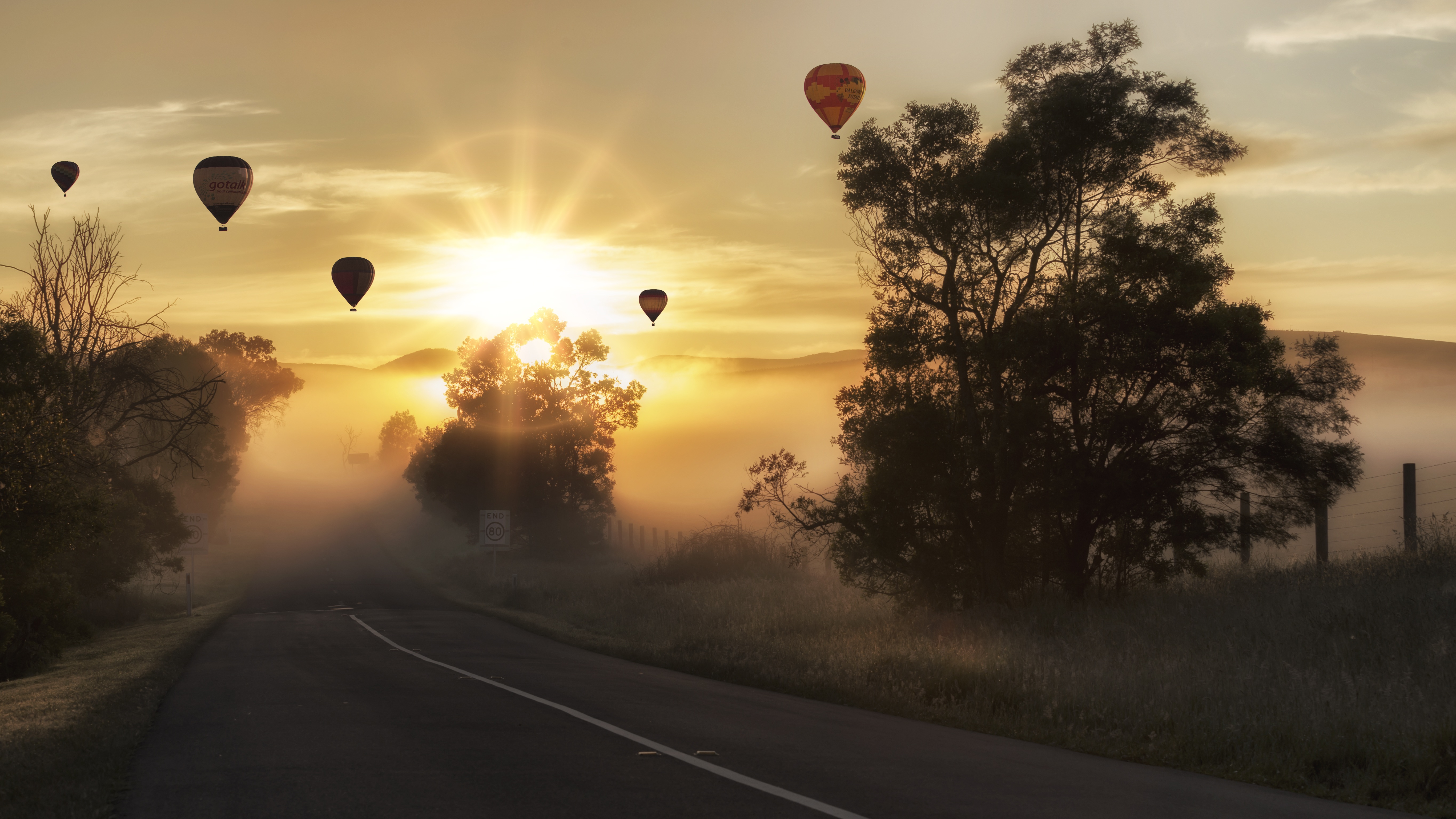 Fog Hot Air Balloon Landscape Road Sun Sunbeam Sunrise Tree Vehicle 5462x3072
