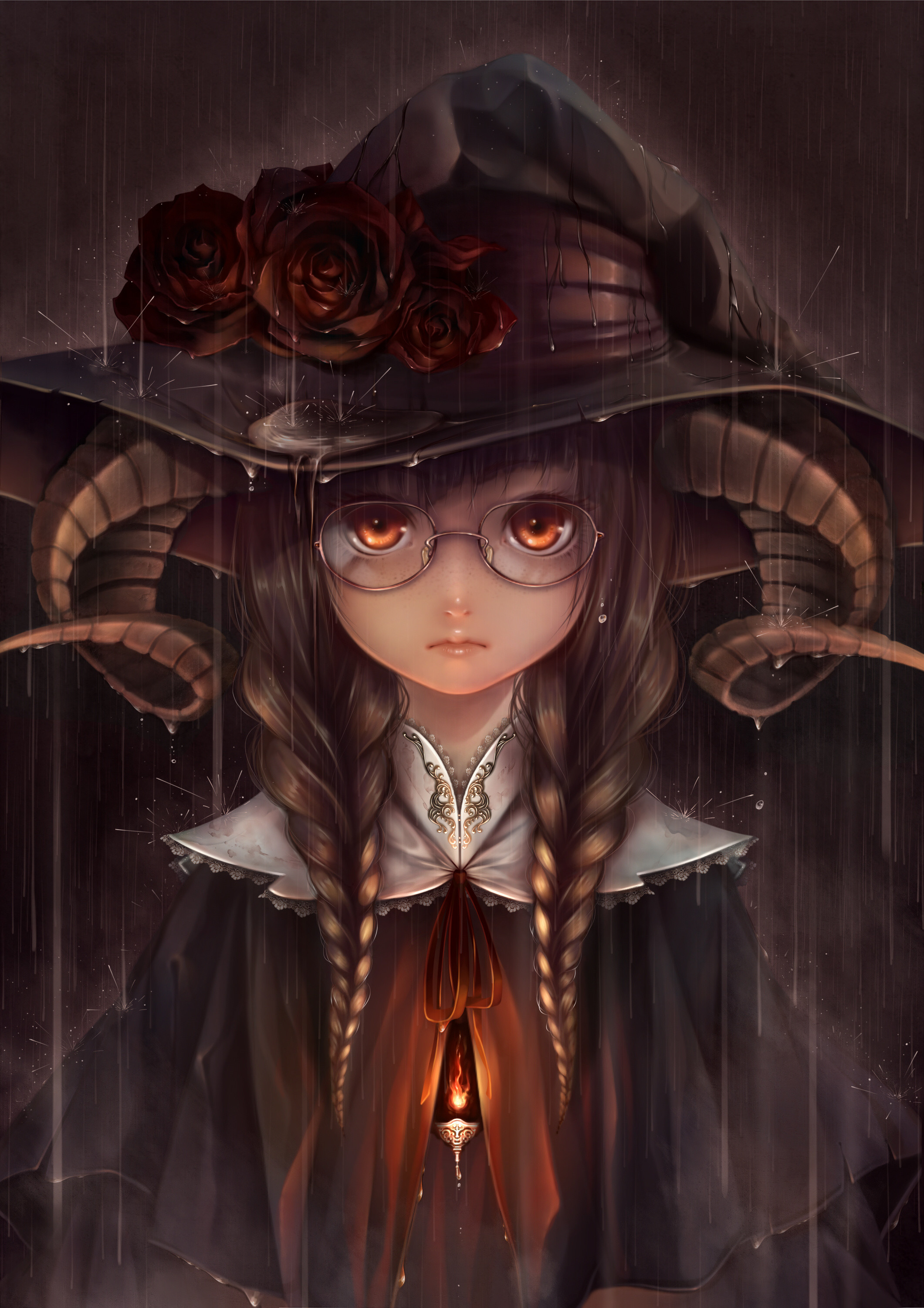 Anime Girls Fantasy Art Bouno Satoshi Witch Witch Hat Horns Glasses Brown Eyes Brunette Braids Rain 2121x3000