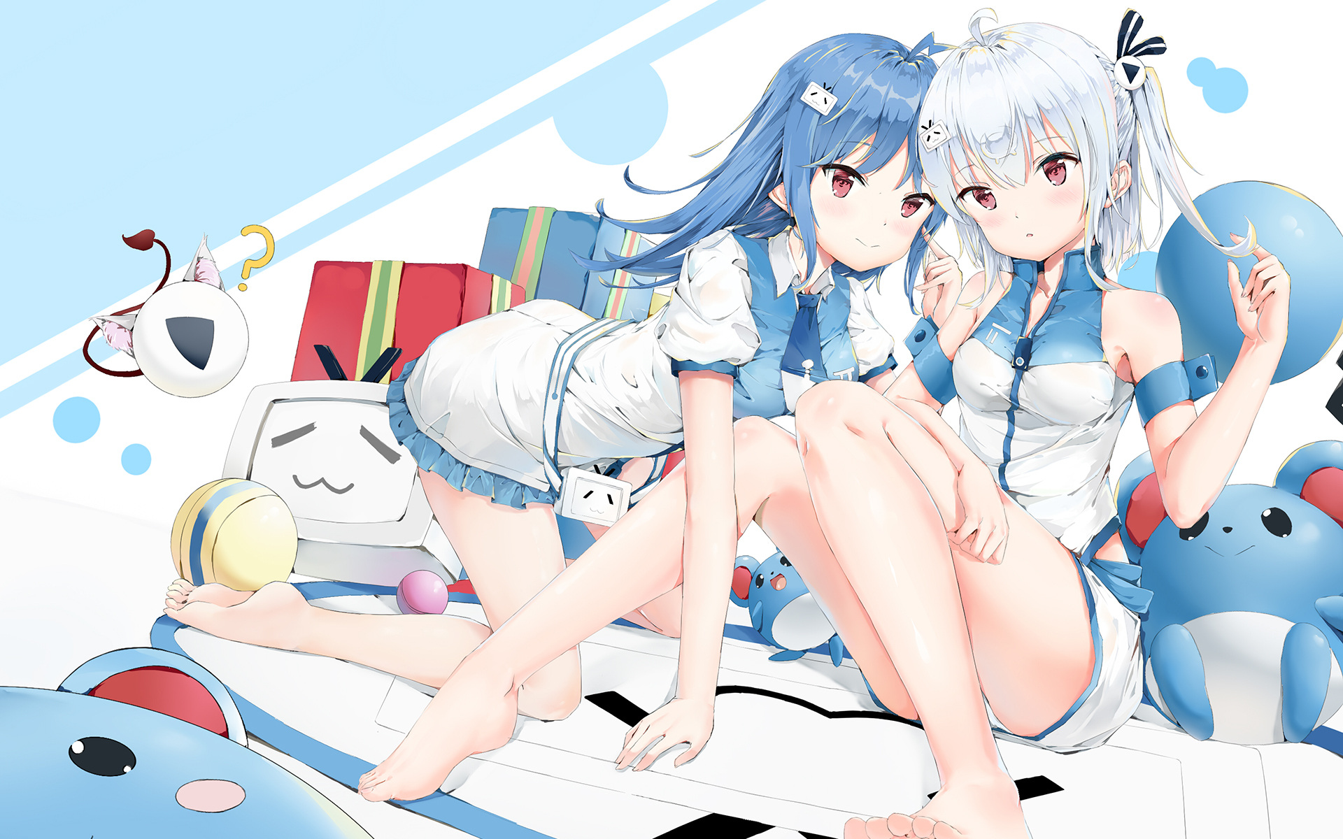 22niang 33niang Bilibili Douga Anime Girls Blue Hair Silver Hair Barefoot 1920x1200