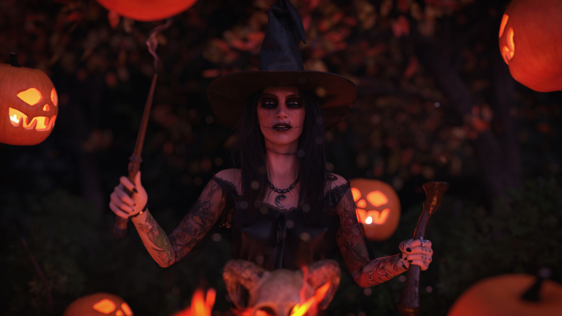 Halloween Women Fantasy Girl Digital Art ArtStation Smoky Eyes Inked Girls Witch Hat Women With Hats 1920x1080