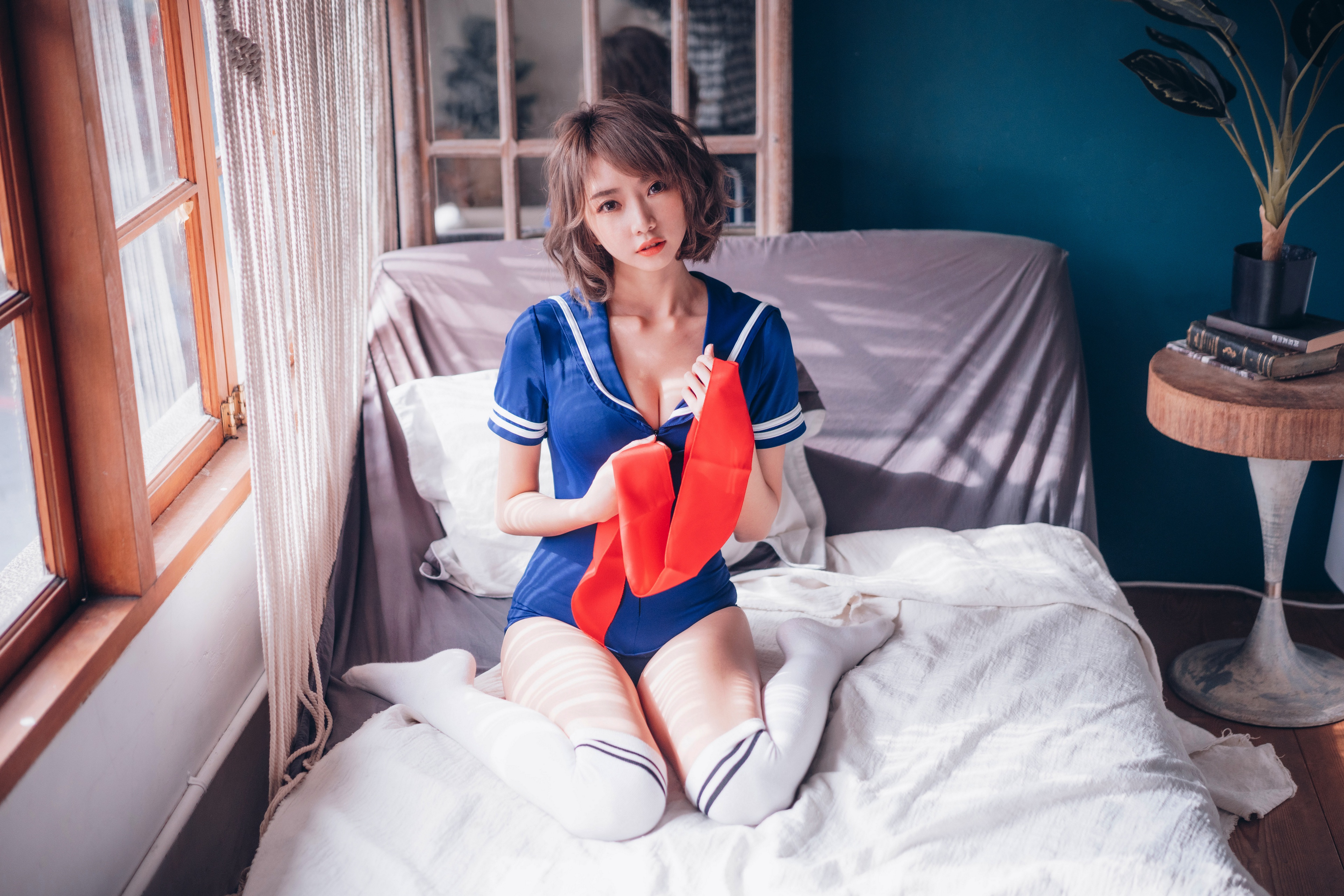 Asian Model Women Brunette Short Hair Knee High Socks Sitting Bed Pillow Curtain Window Sailor Unifo 3840x2561