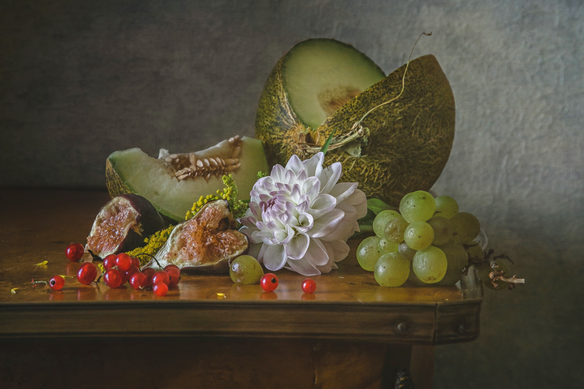 Currants Fig Fruit Grapes Melon Still Life 1920x1280