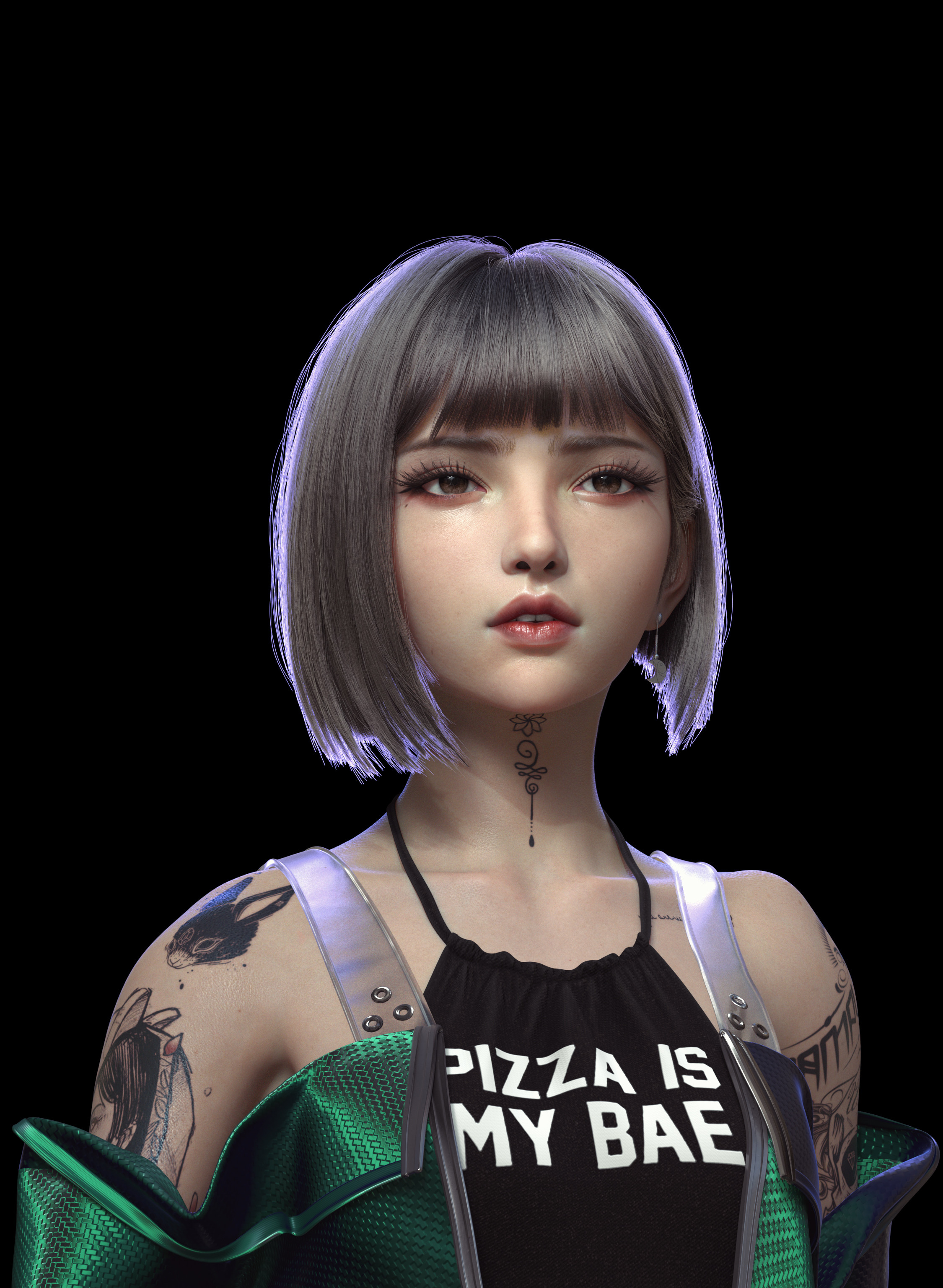 Yihao Ren Portrait CGi 3D Women Looking Away Short Hair Portrait Display Tattoo Black Background Fac 2250x3072