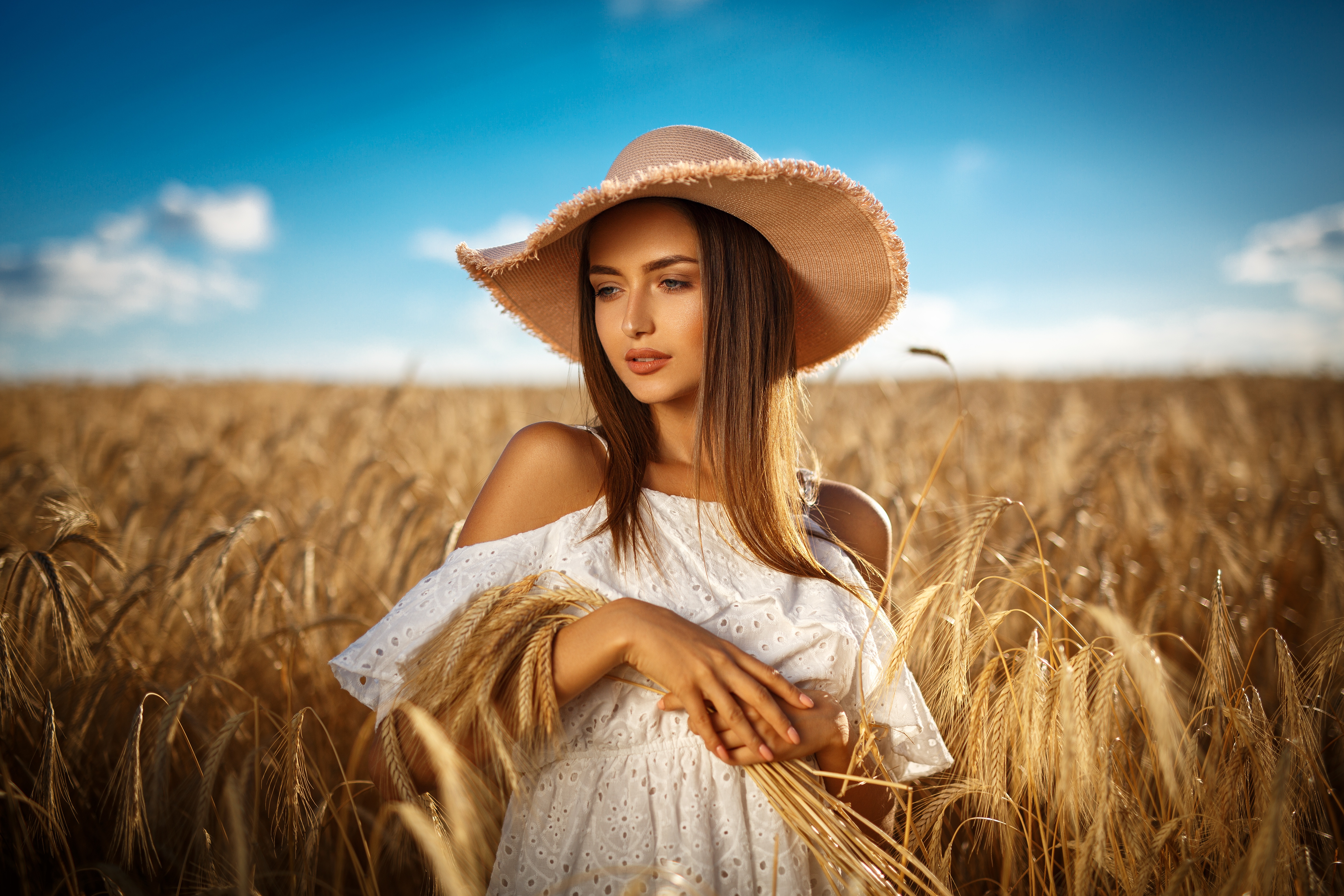 Blonde Field Girl Hat Model Summer Wheat White Dress Woman 5760x3840