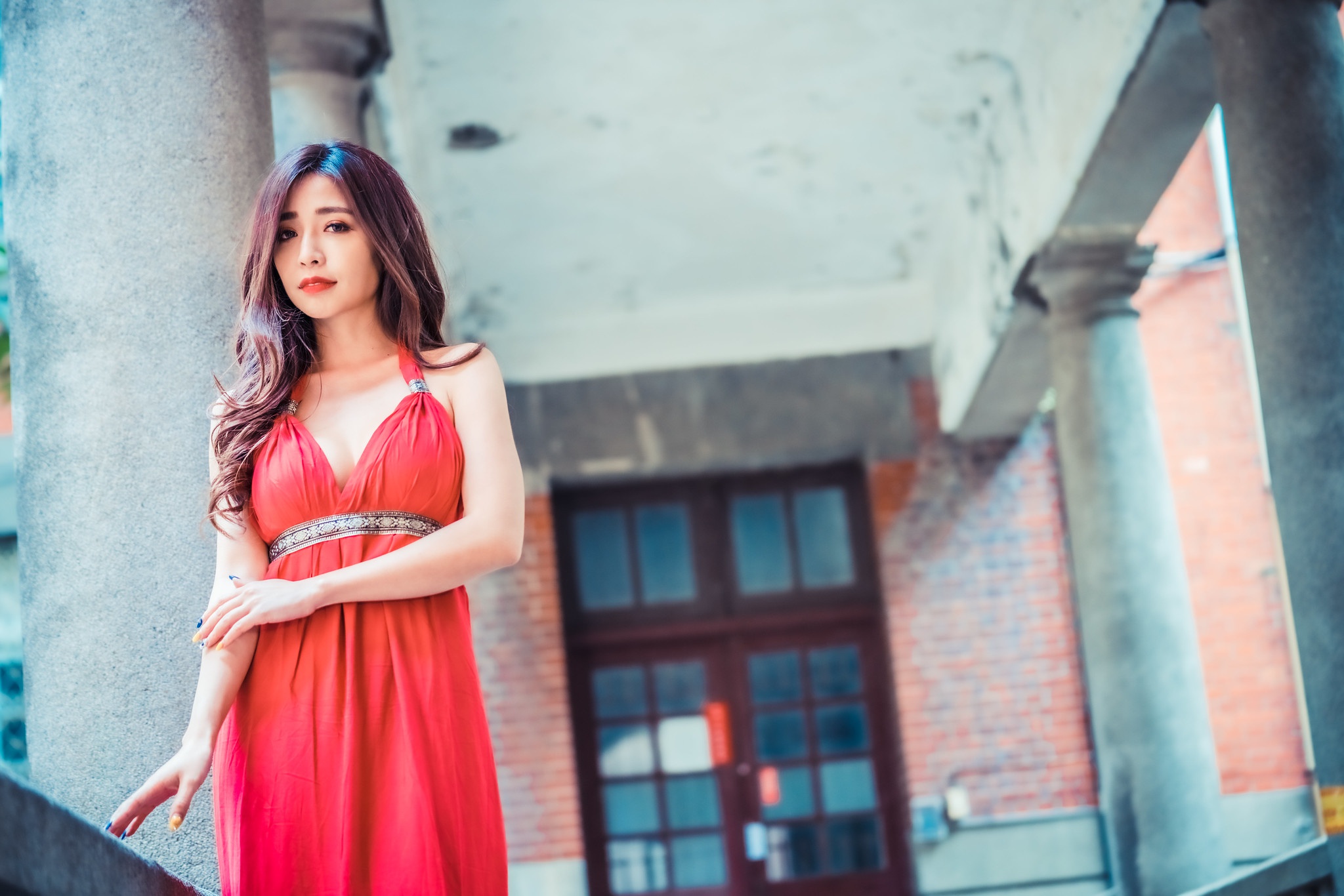 Asian Brunette Depth Of Field Girl Lipstick Long Hair Model Red Dress Woman 2048x1366