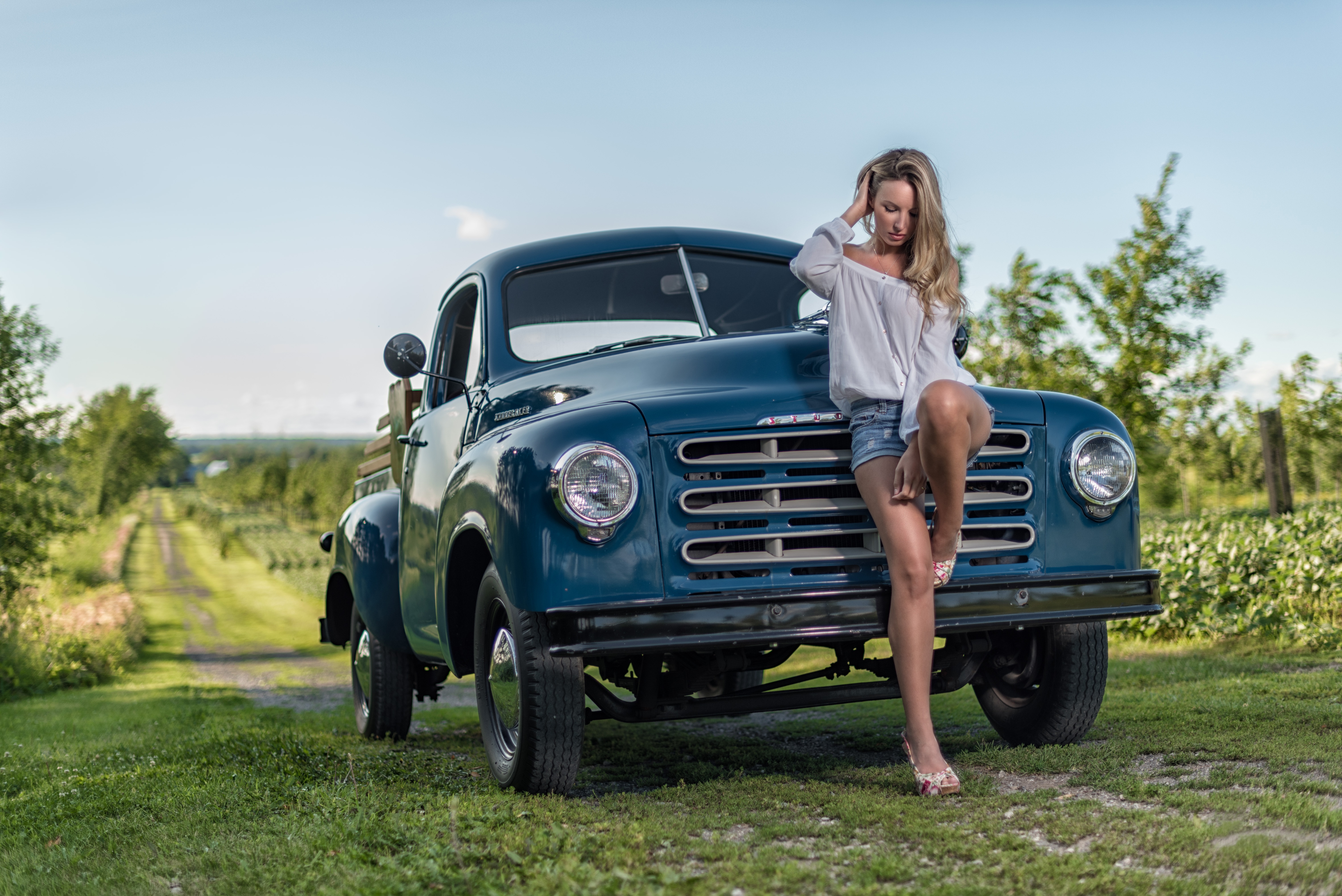 Blonde Blue Car Car Depth Of Field Girl Model Mood Pickup Shorts Studebaker Vehicle Woman 6016x4016
