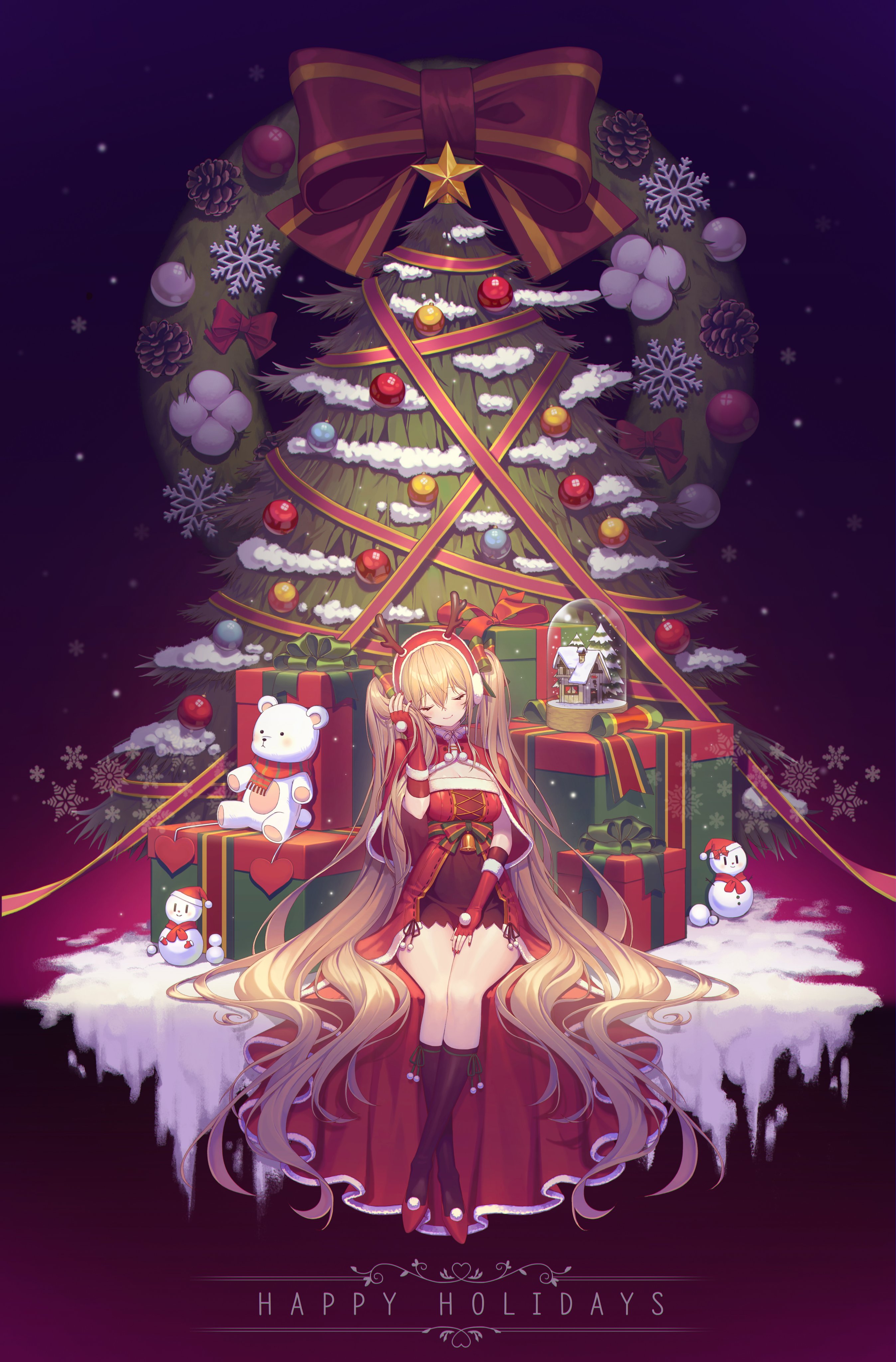 Anime Girls Santa Costume Christmas Tree Christmas Presents Blonde Long Hair Twintails 2695x4096