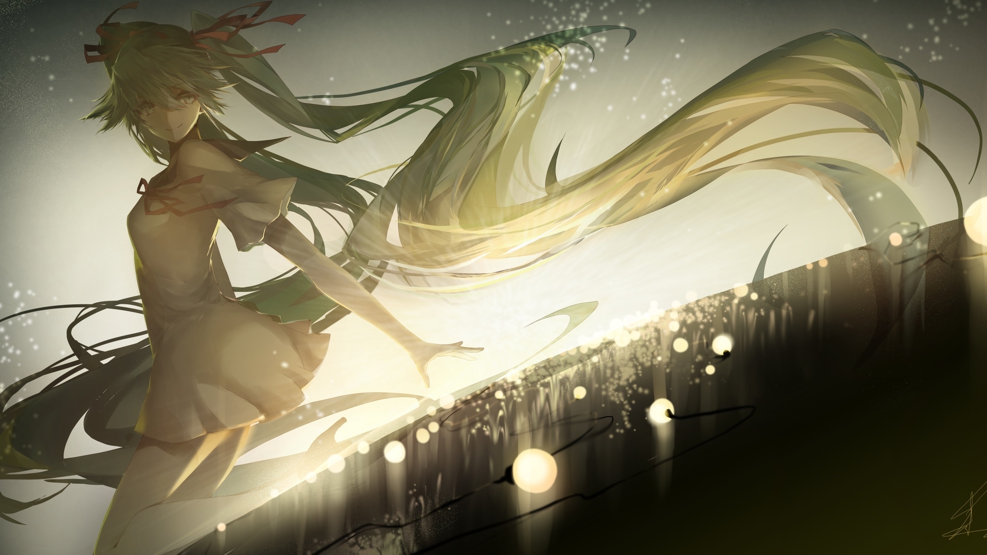 Anime Girls Saihate D3 Vocaloid Hatsune Miku Green Eyes Green Hair Long Hair Twintails Smiling Dress 1920x1080