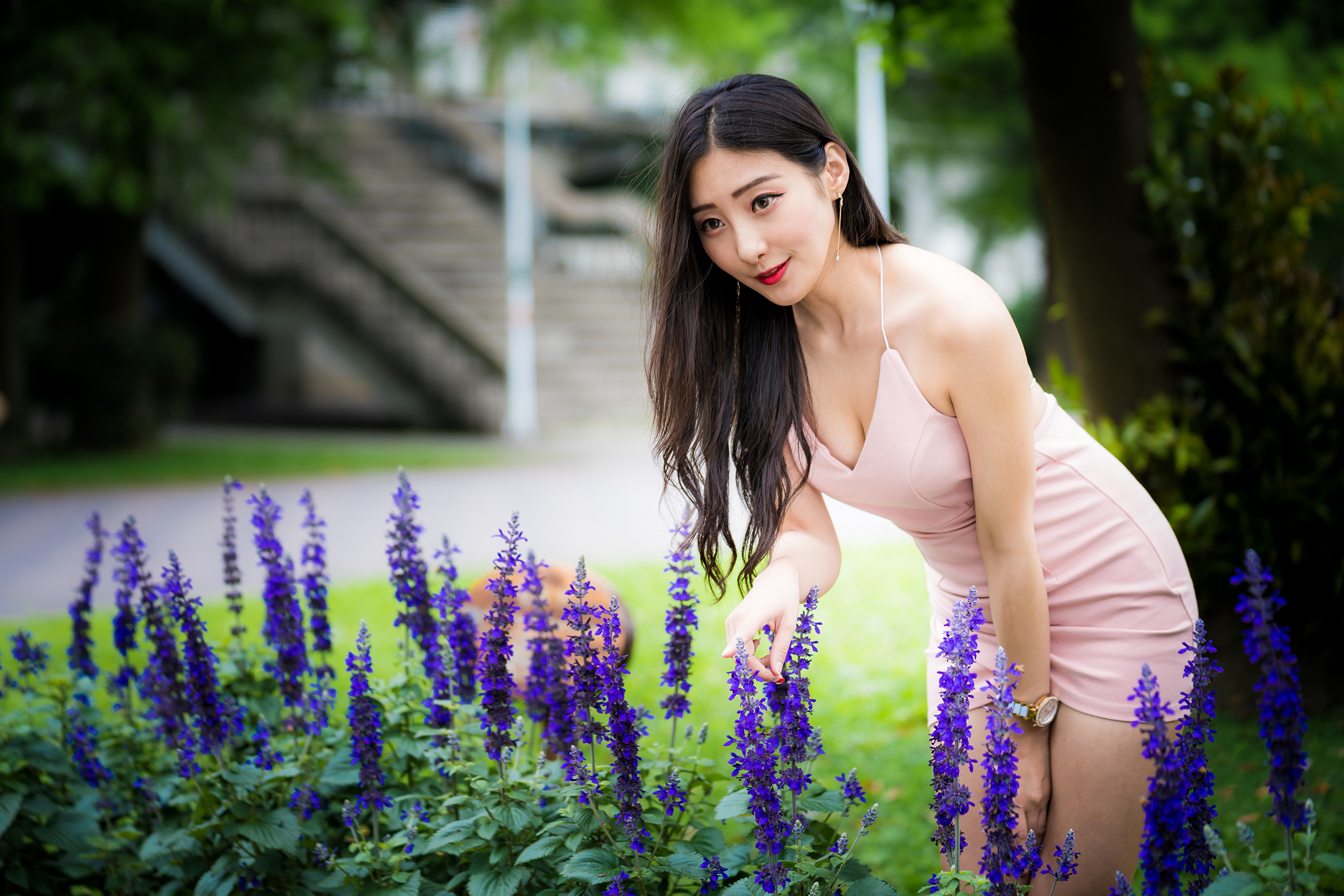 Asian Model Women Long Hair Brunette Flowers Depth Of Field Stairs Wristwatch Earring Red Lipstick 3840x2561