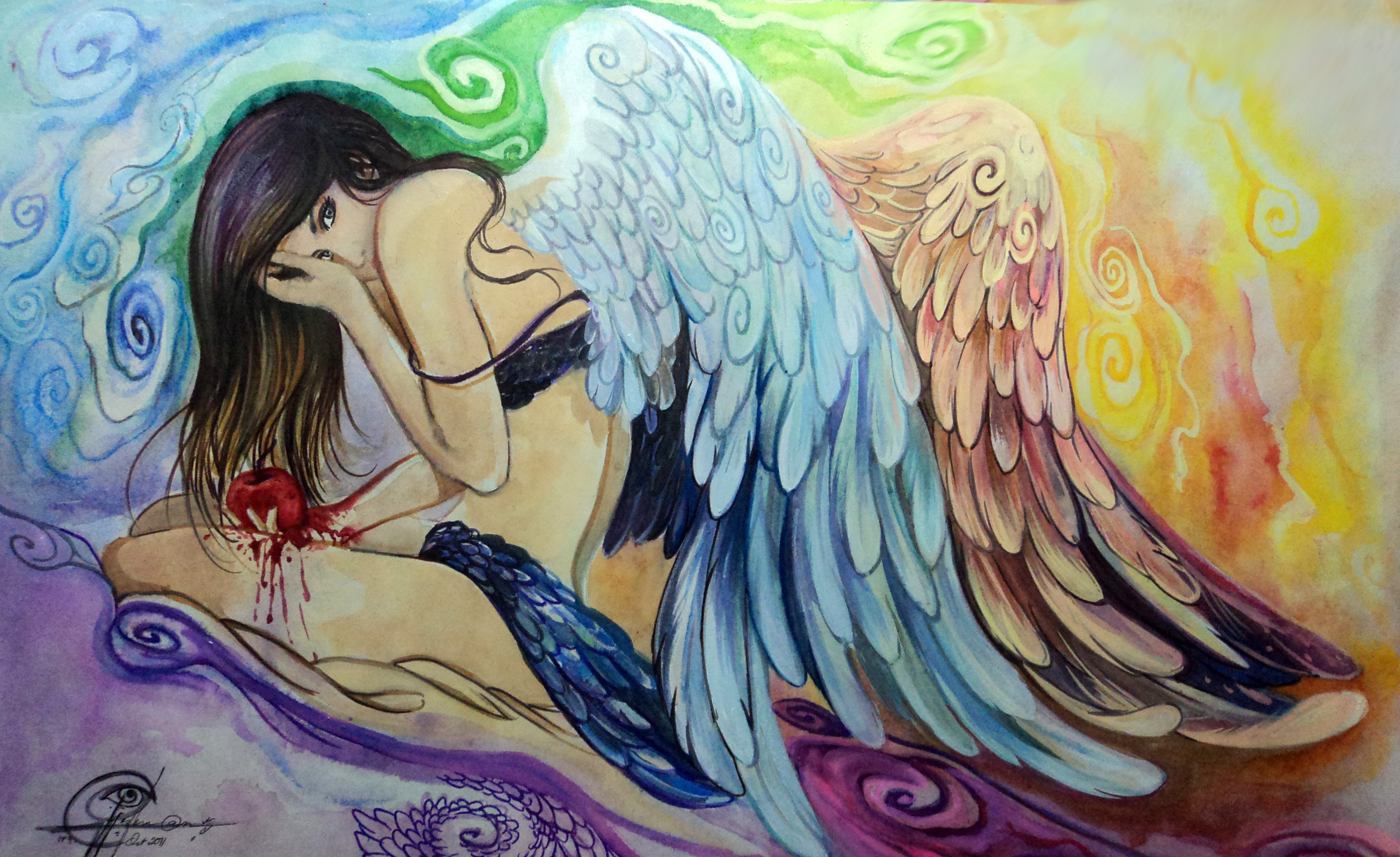 Angel Artistic Artwork Blood Fantasy Girl Sad Wings Woman 3599x2205