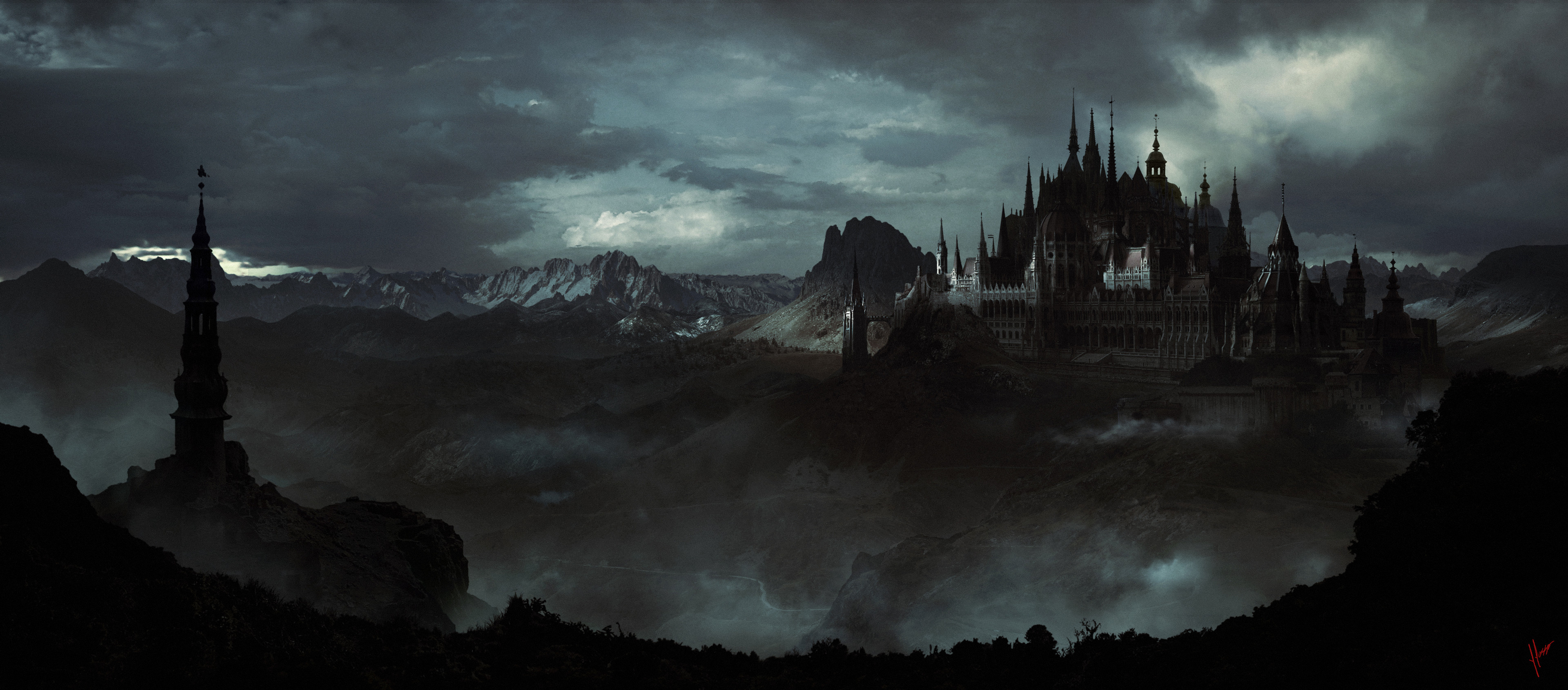 Digital Art Artwork Dark Castle Mountains Wallpaper - Resolution:3840x1691  - ID:1187137 