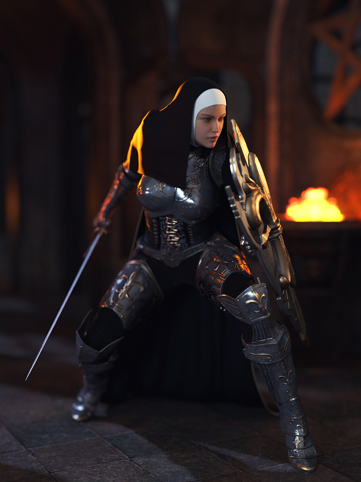CGi Render Nuns Warrior Fantasy Art Fantasy Girl Sword Shield Armored Girls With Swords 1200x1600