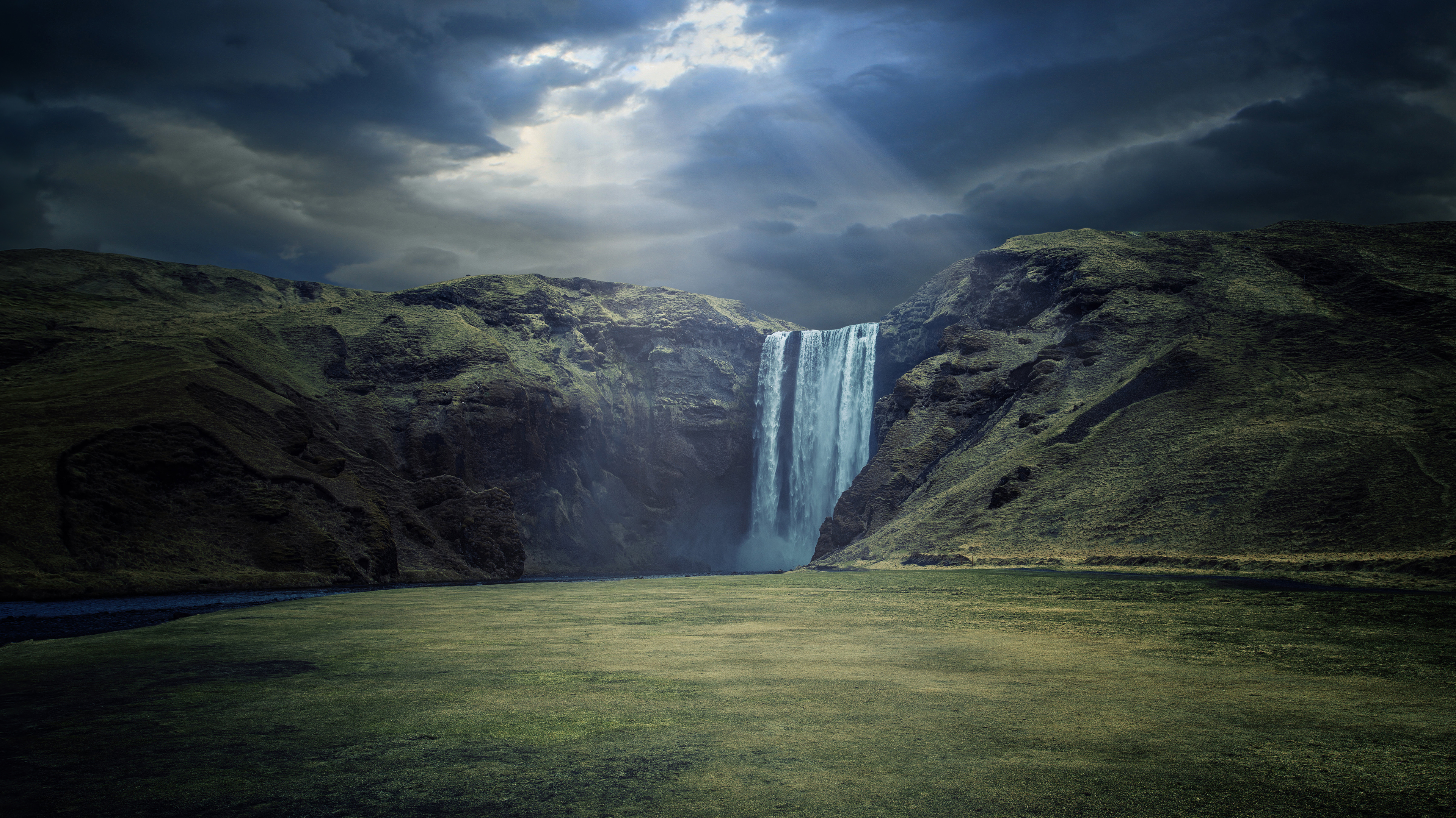 Landscape Nature Waterfall River Clouds Sun Rays Iceland 3840x2160