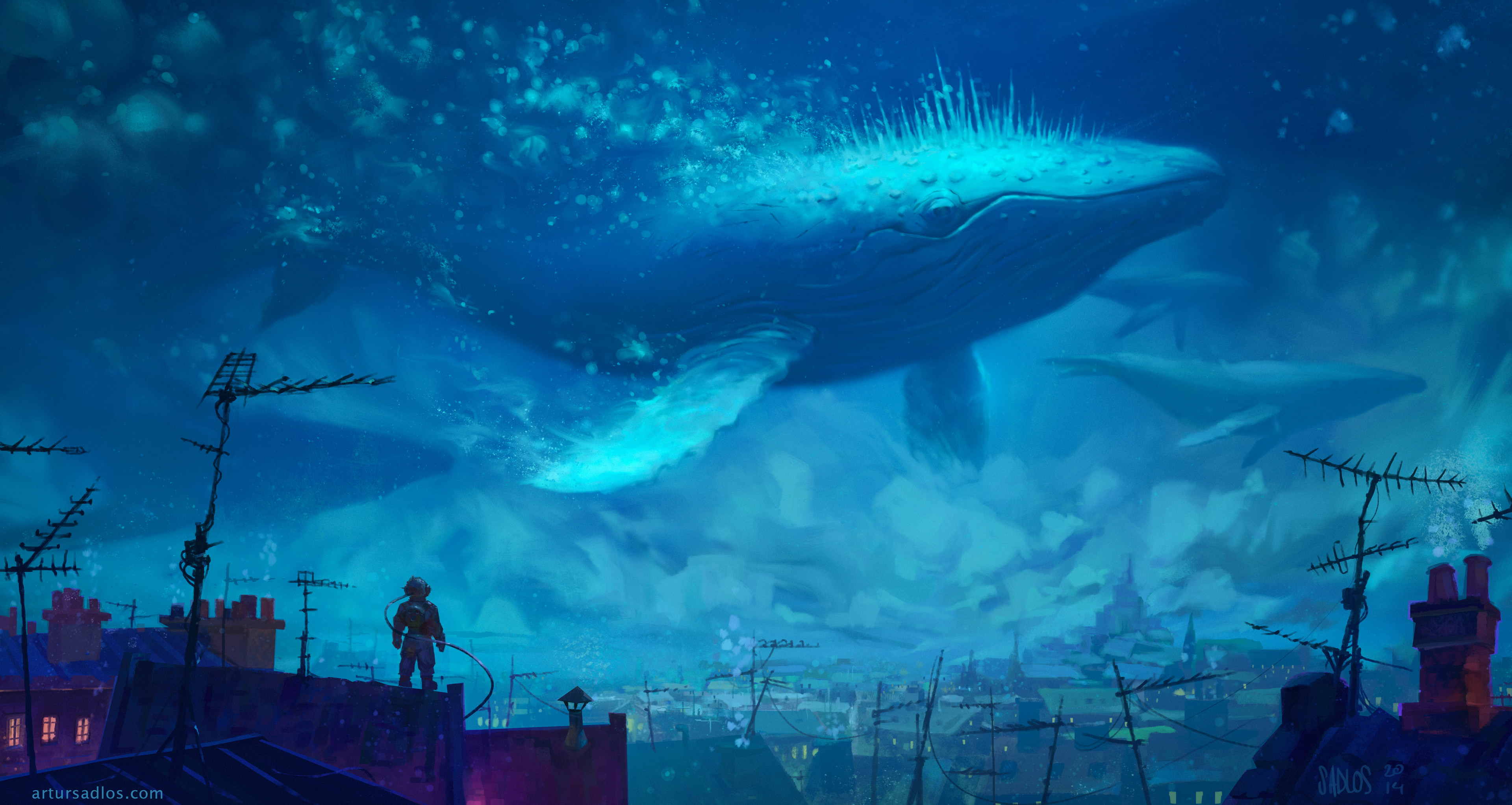Artwork Digital Art Whale Fantasy Art Divers 3840x2044