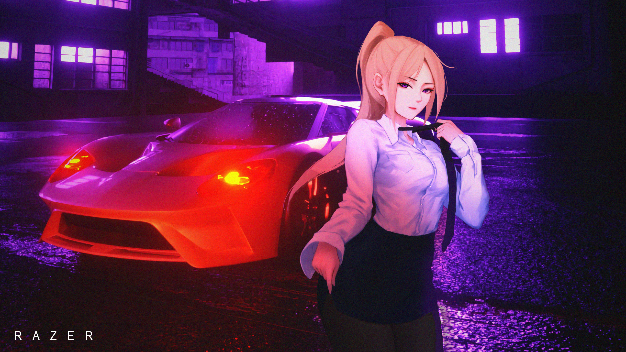 Anime Car Light Pants Anime Girls Vehicle Blonde Tie Standing 2560x1440