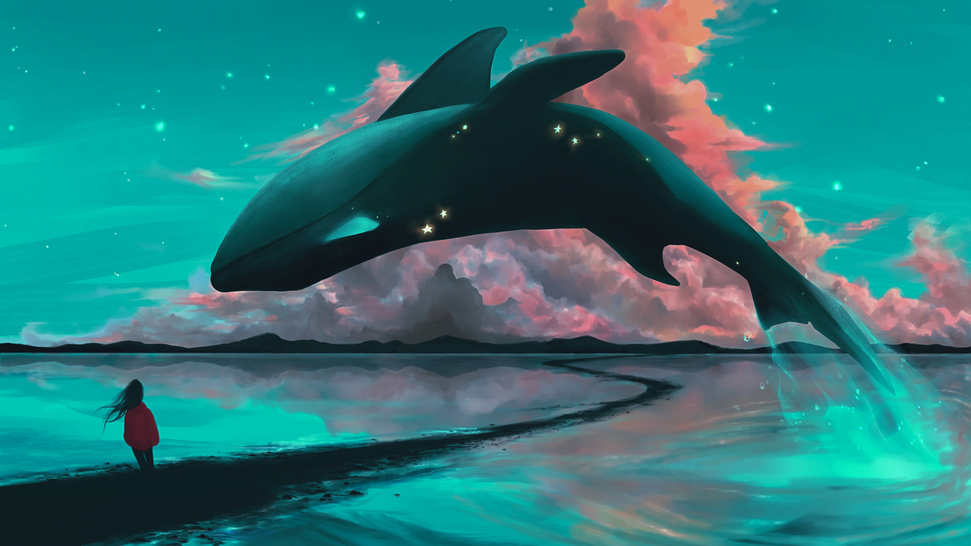 Digital Art Whale Fantasy Art Clouds Stars Orca VV Ave 3840x2160