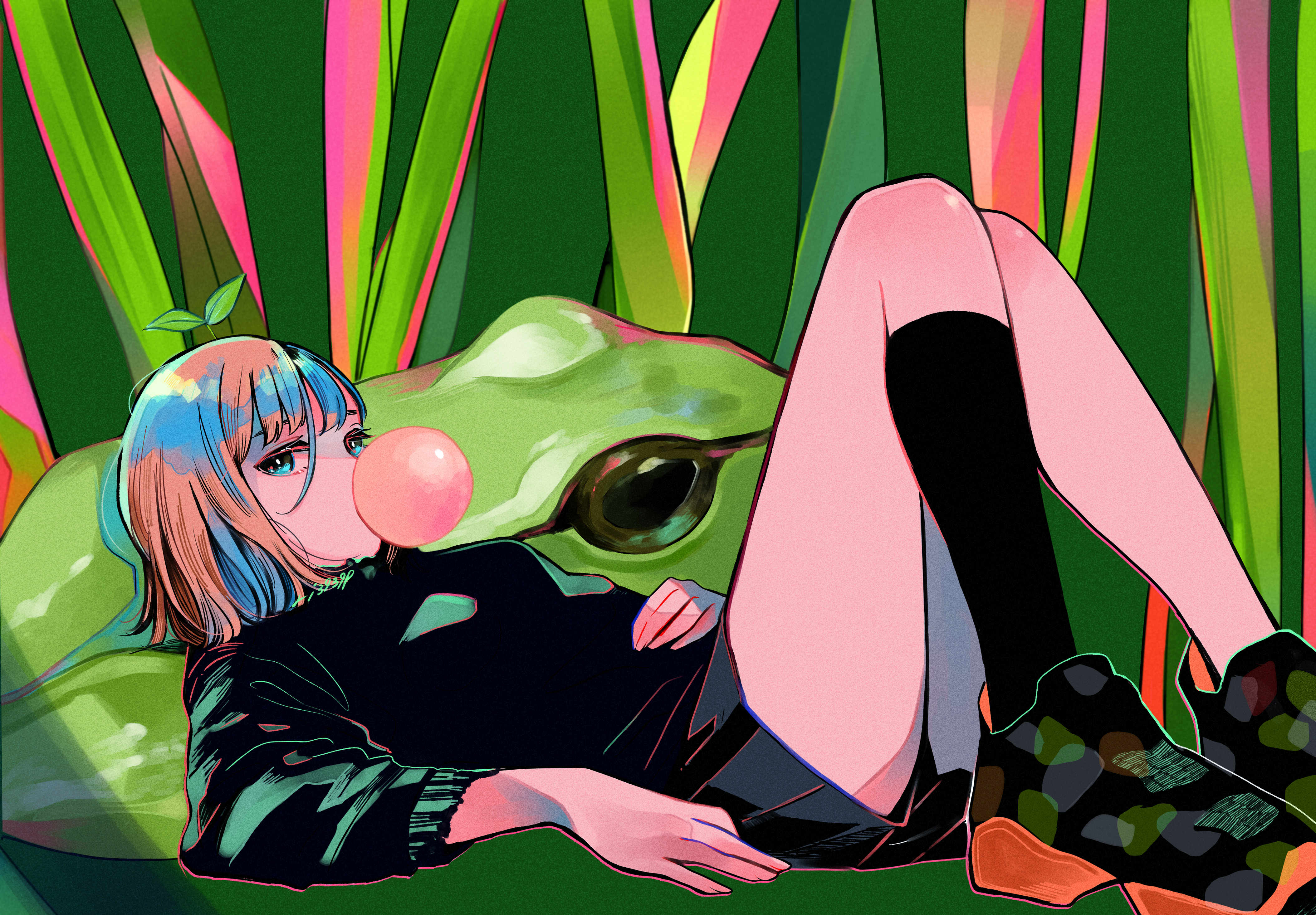 Anime Anime Girls Aqua Hair Short Hair Frog Black Shirt Chewing Gum Grass Looking At Viewer Socks Pi 4217x2933