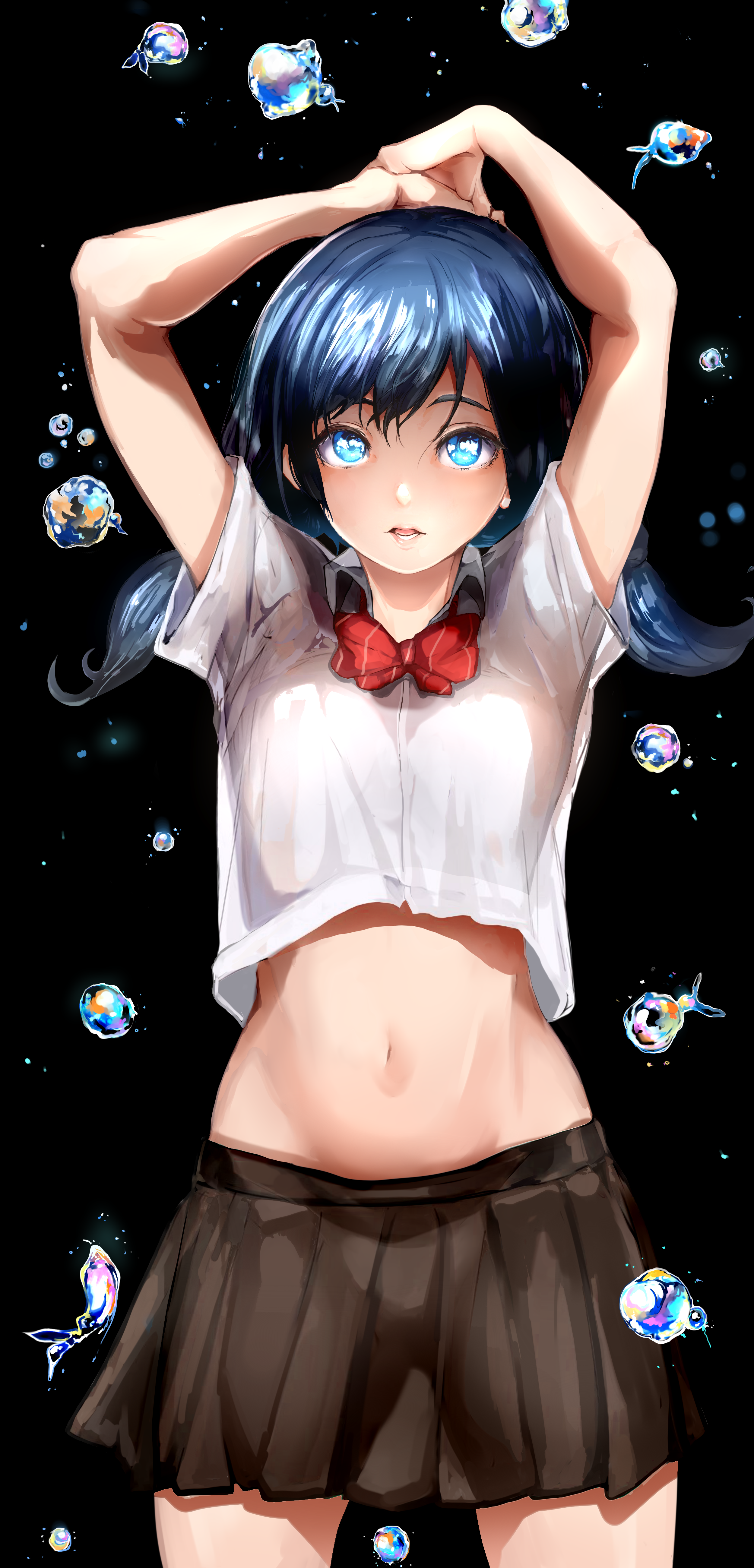2D Artwork Mamimi Anime Girls School Uniform Dark Hair Blue Eyes Arms Up 2500x5200