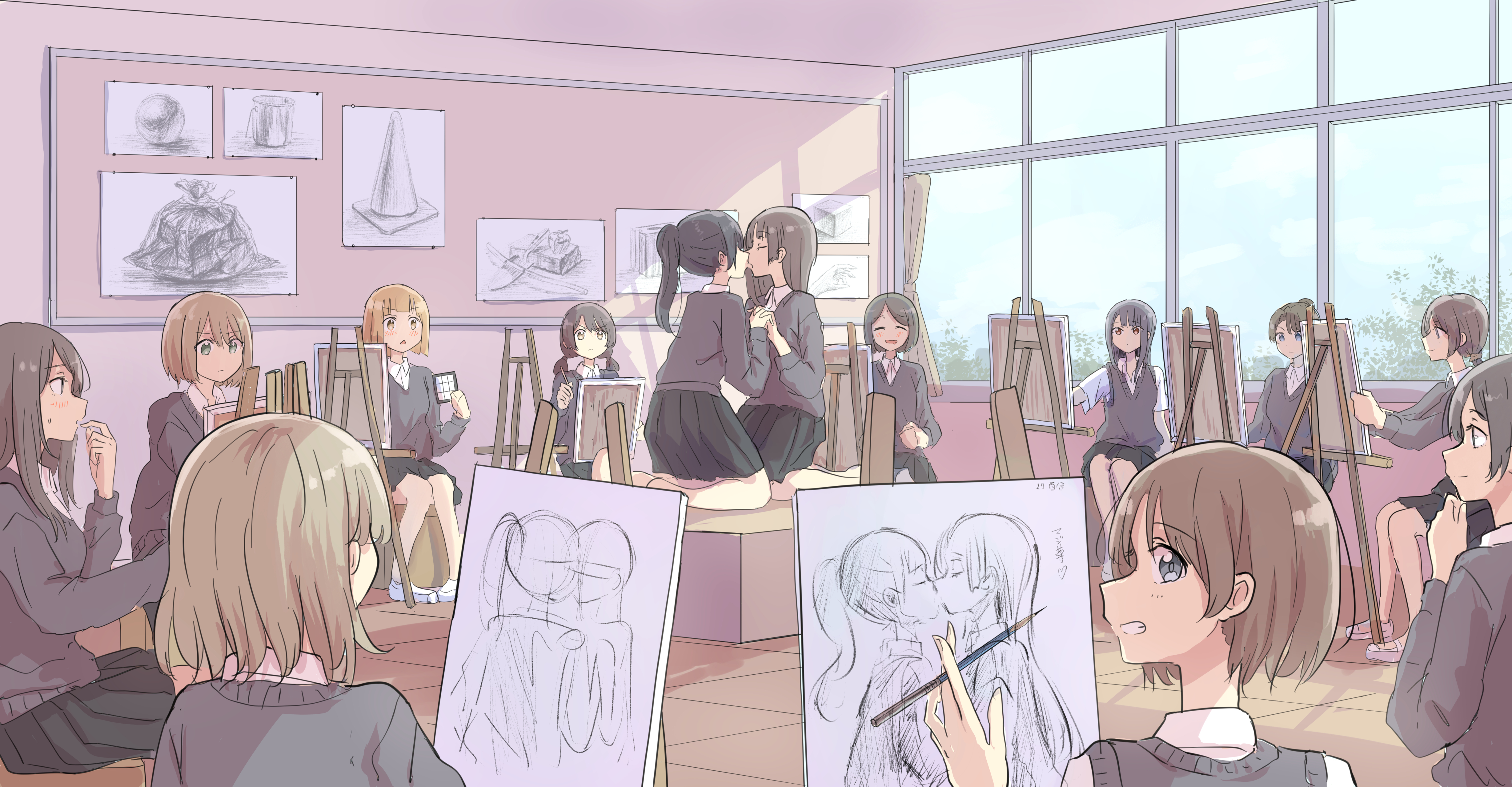 Anime Girls School Uniform Kissing Original Characters Betock 4913x2557