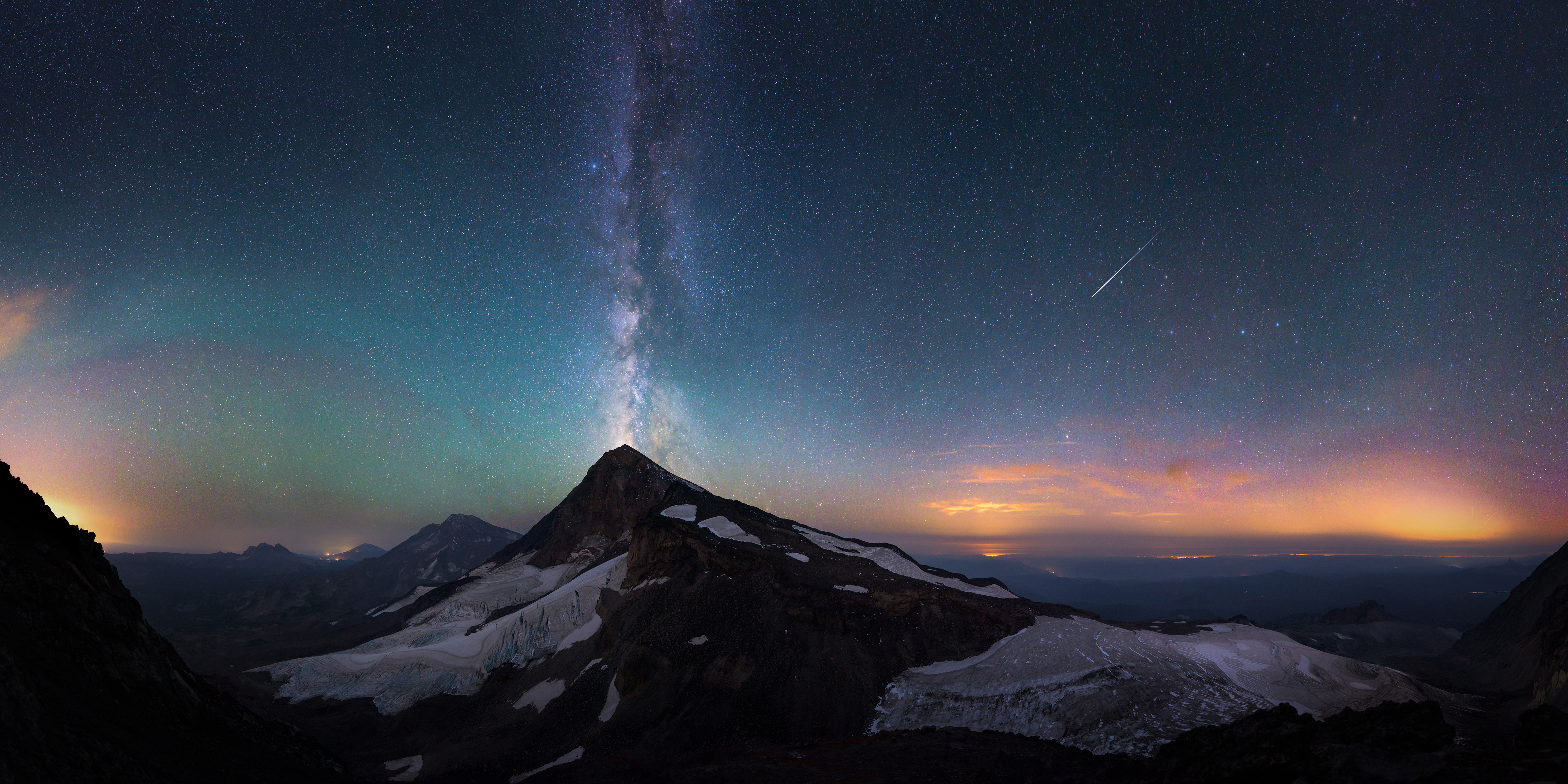 Mountains Stars Landscape Starscape Milky Way Shooting Stars Glaciers Sky Starry Night Sunset 5120x2560