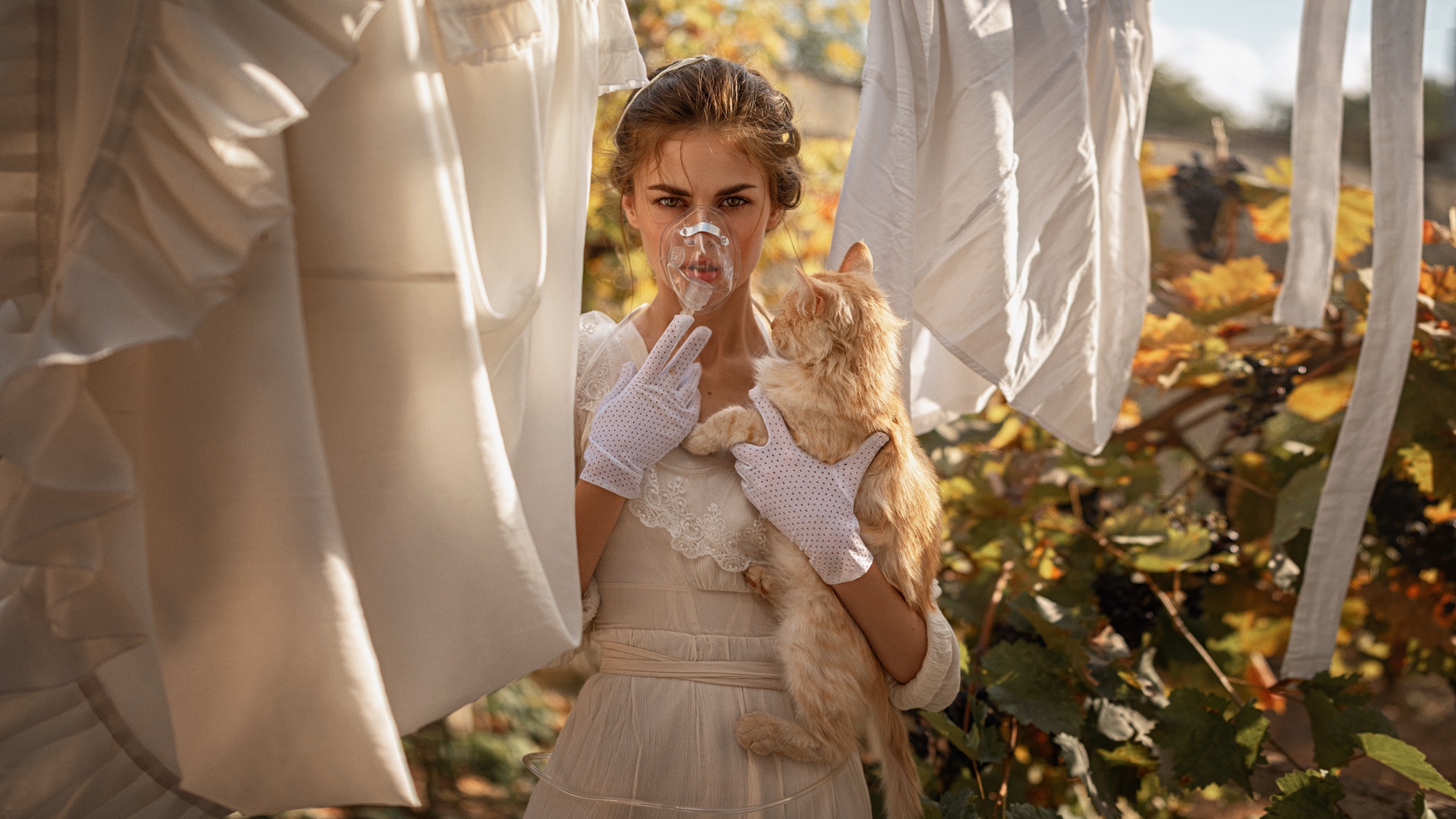 Mask Women Model Cats Laundry Dress Gloves Women Outdoors Plants Outdoors Animals Mammals Looking At 2000x1125