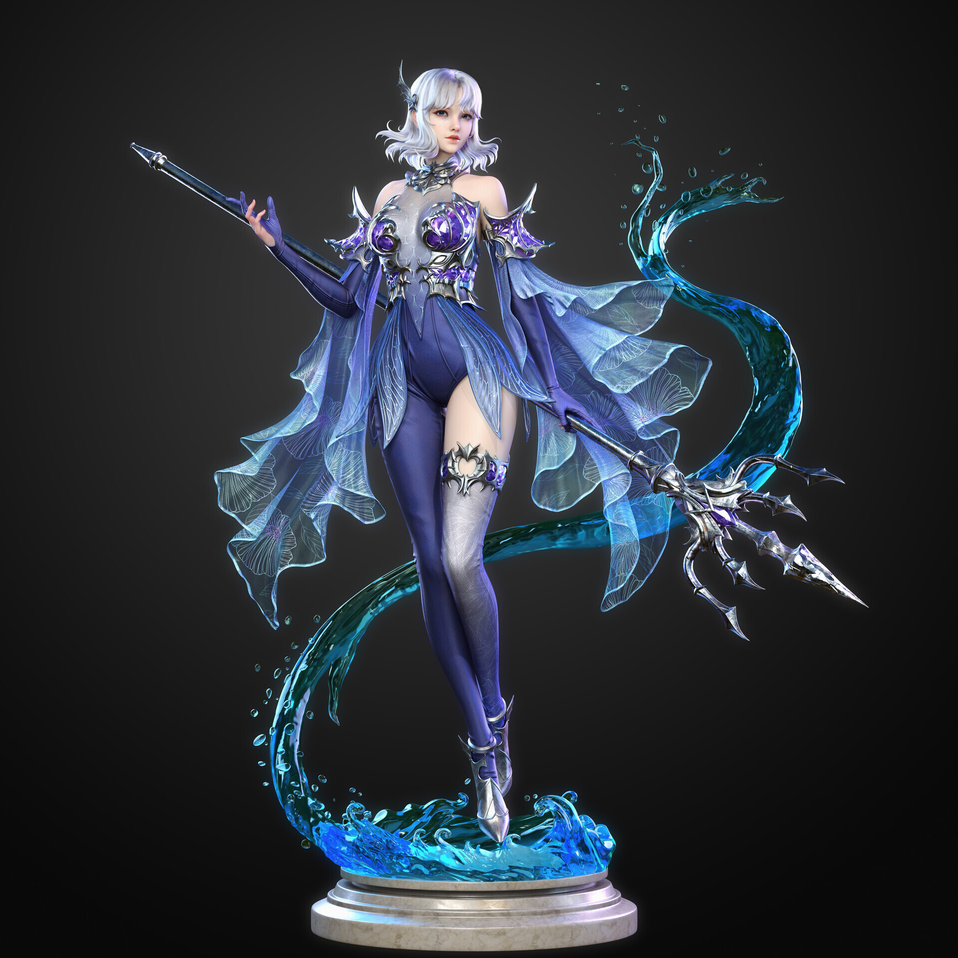 Lucas Liao CGi Women Silver Hair Dress Blue Clothing Water Trident Weapon Fantasy Art Simple Backgro 1920x1920