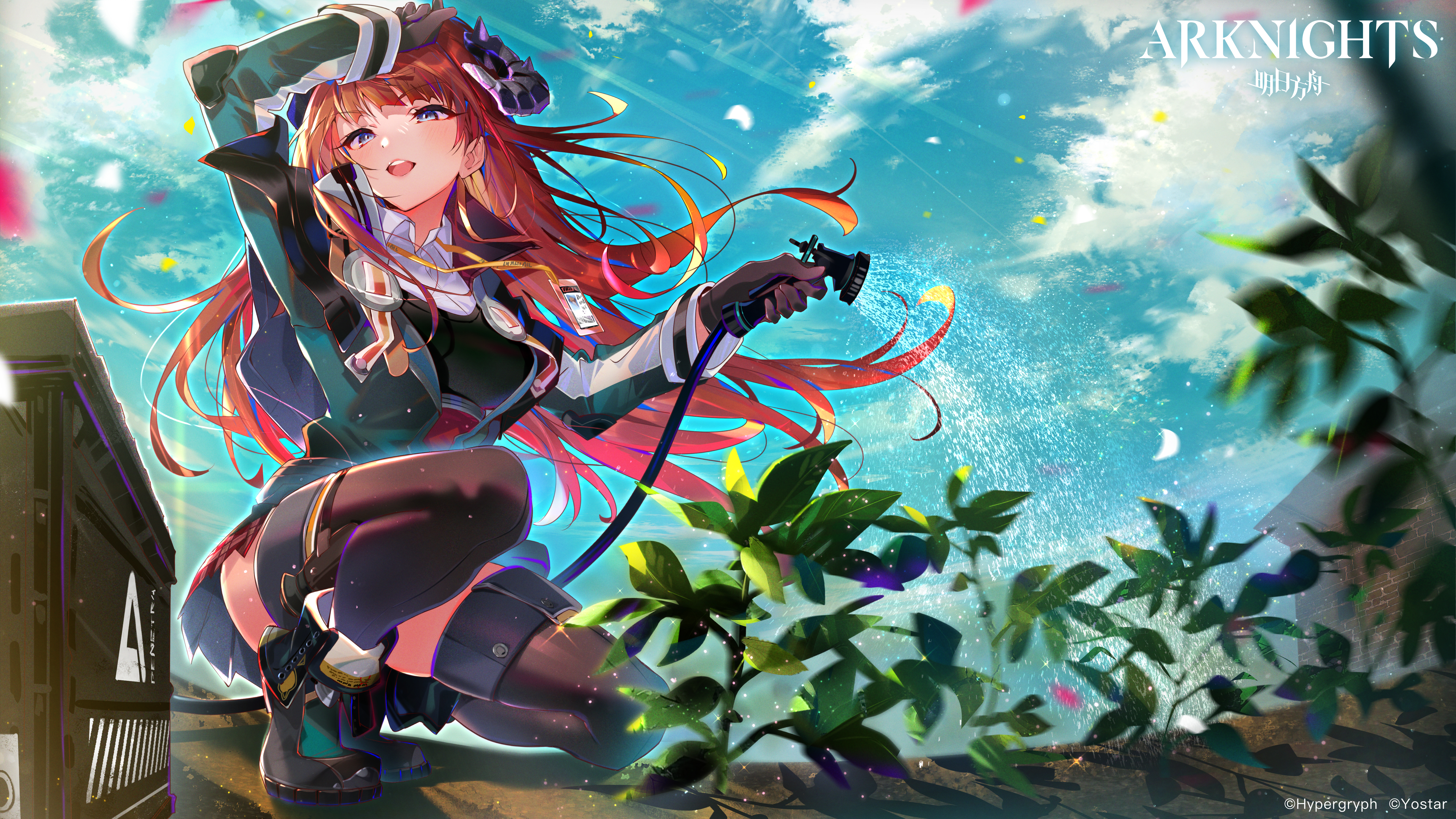 Anime Anime Girls Arutera Arknights Bagpipe Arknights Horns Brunette Blue Eyes Thigh Highs Plants 5511x3100