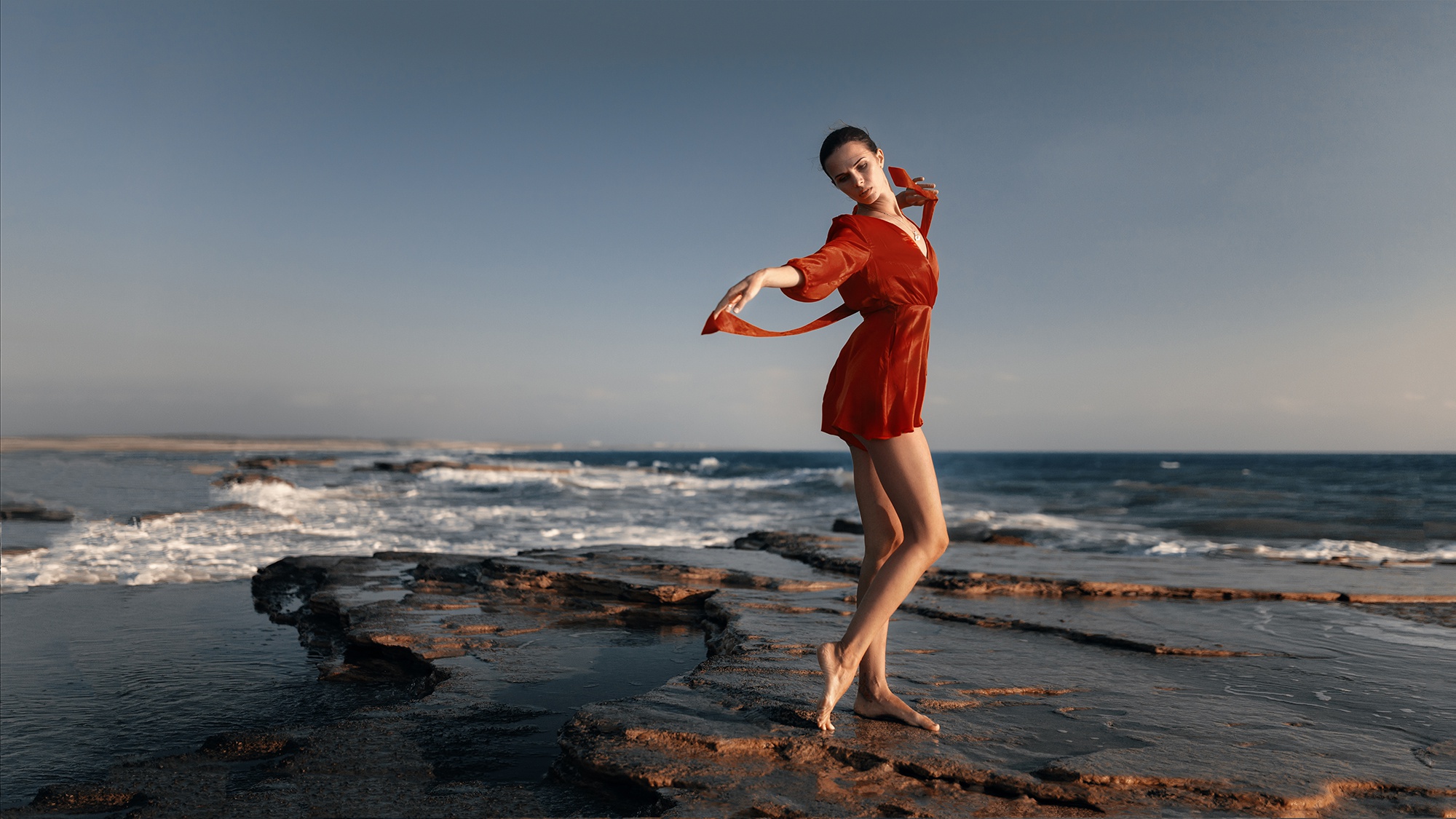 Andrew Gorelikov Model Women Brunette Legs Feet Barefoot Dress Red Dress Closed Eyes Sea Rocks Portr 2000x1125