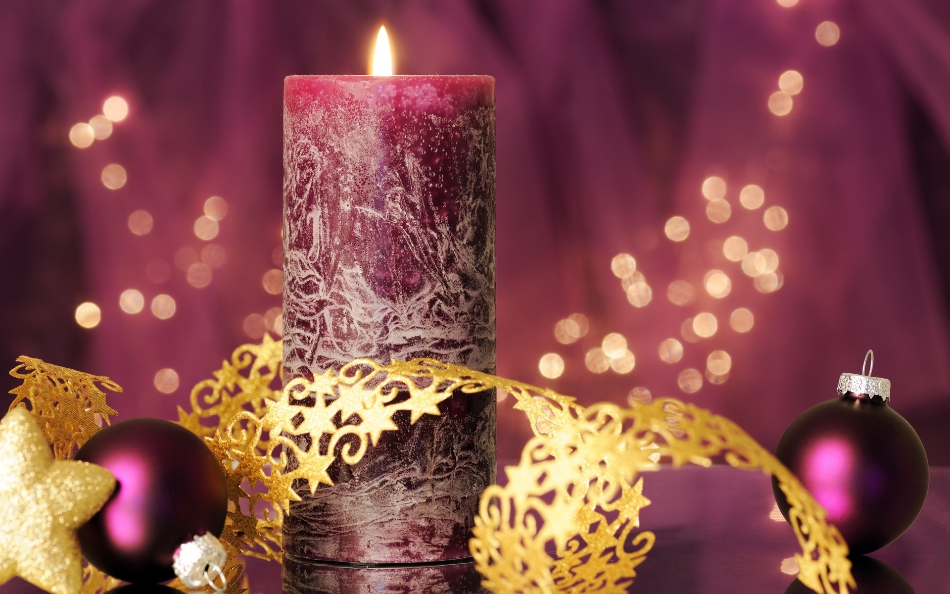 Bauble Bokeh Candle Christmas Decoration Golden Purple 1920x1200