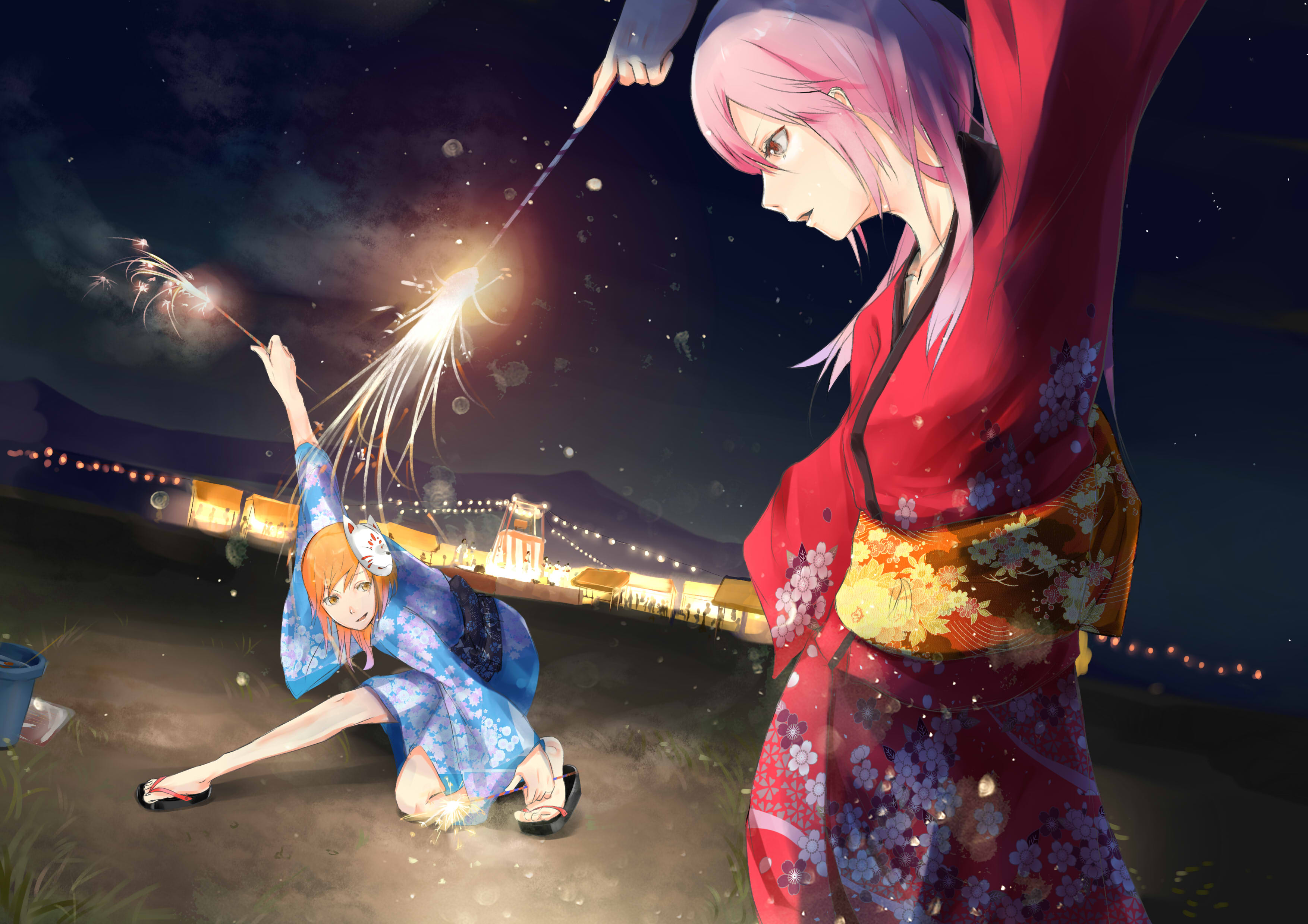 Festival Fireworks Girl Night Yukata 3508x2480