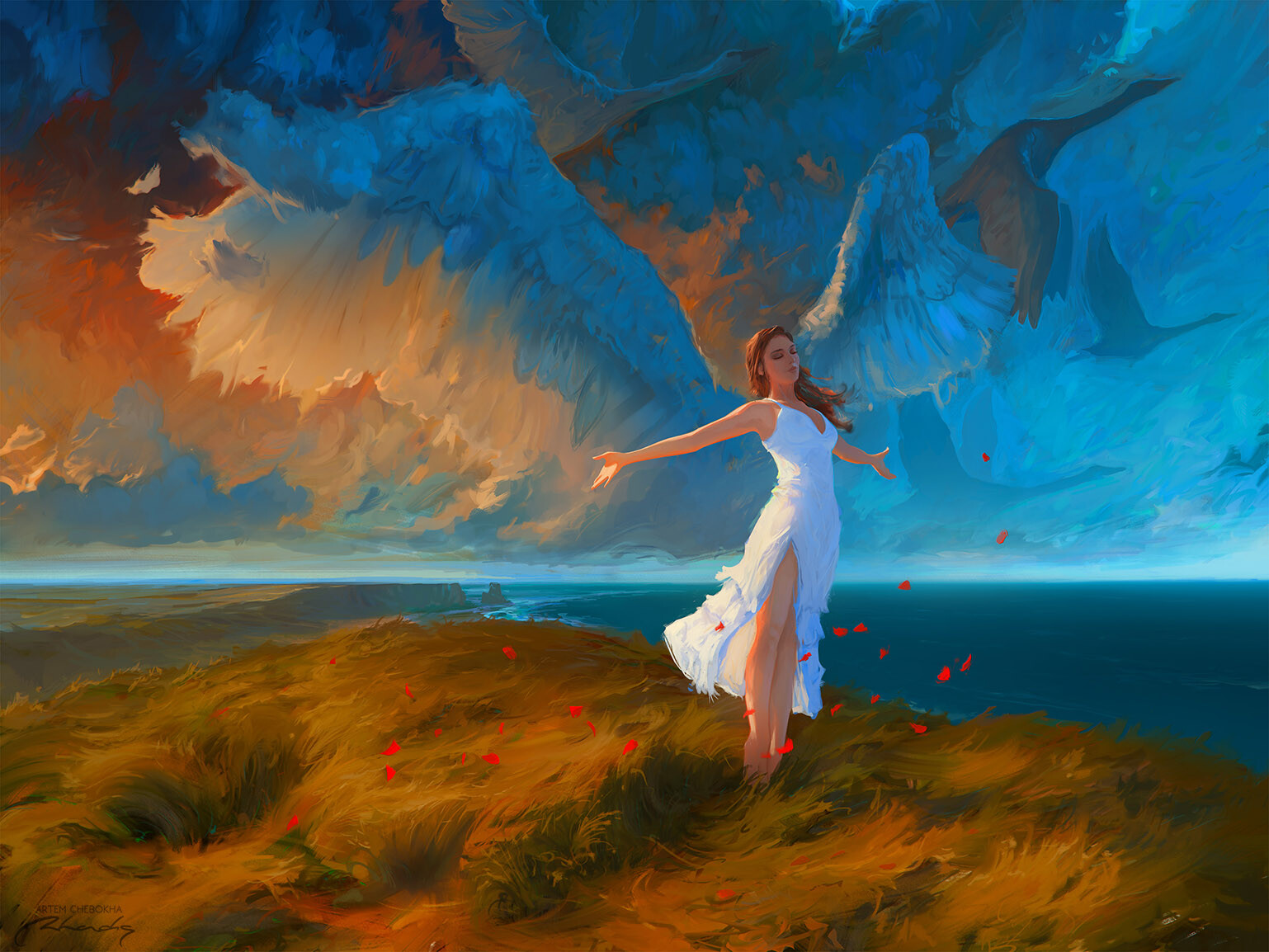 Women Young Woman Happy Angel Wings Wings White Dress Digital Art Digital Painting Fan Art Artwork A 1538x1154