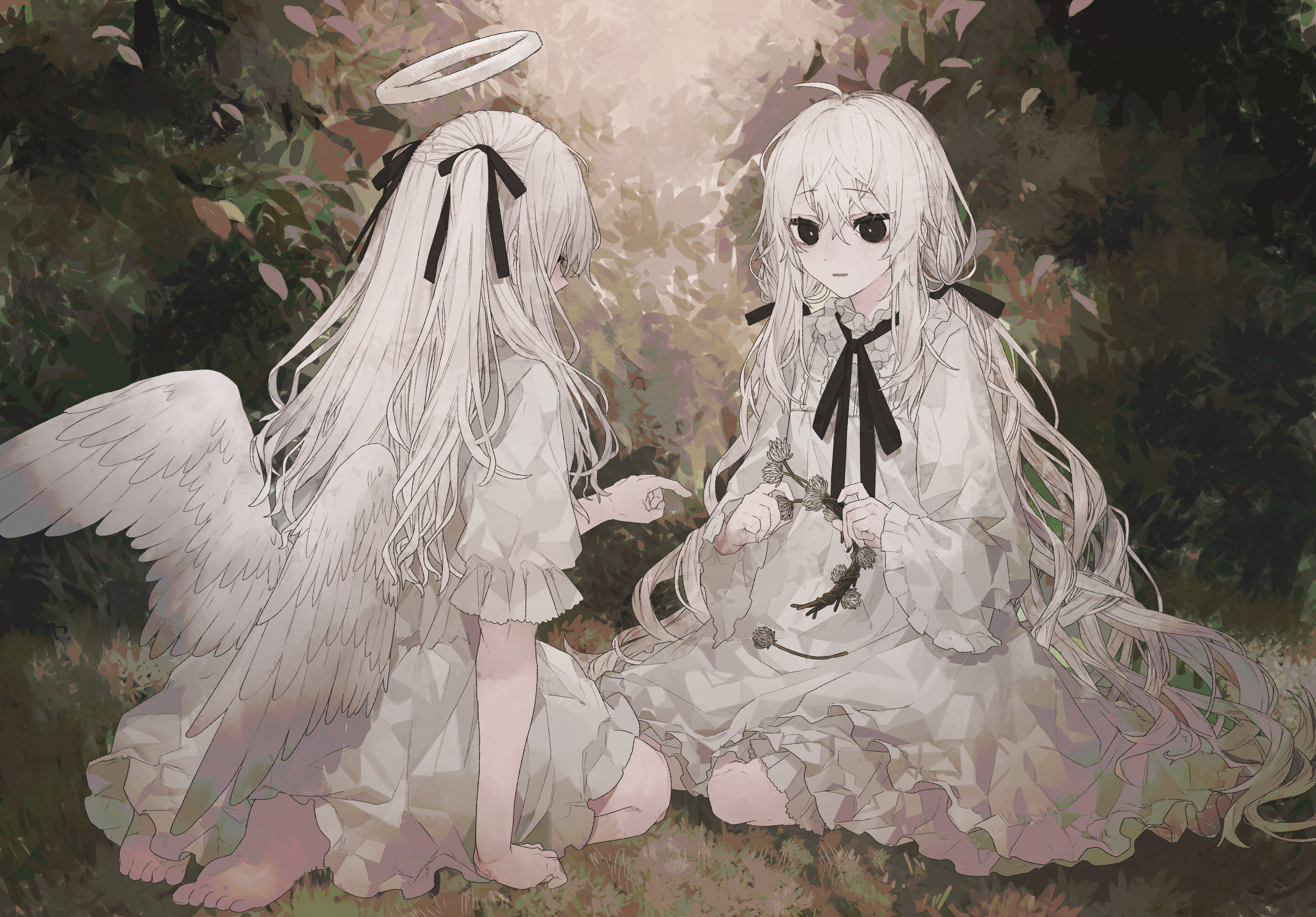 Black Eyes Flower Long Hair Twintails White Hair Wings Bow Clothing 3541x2468