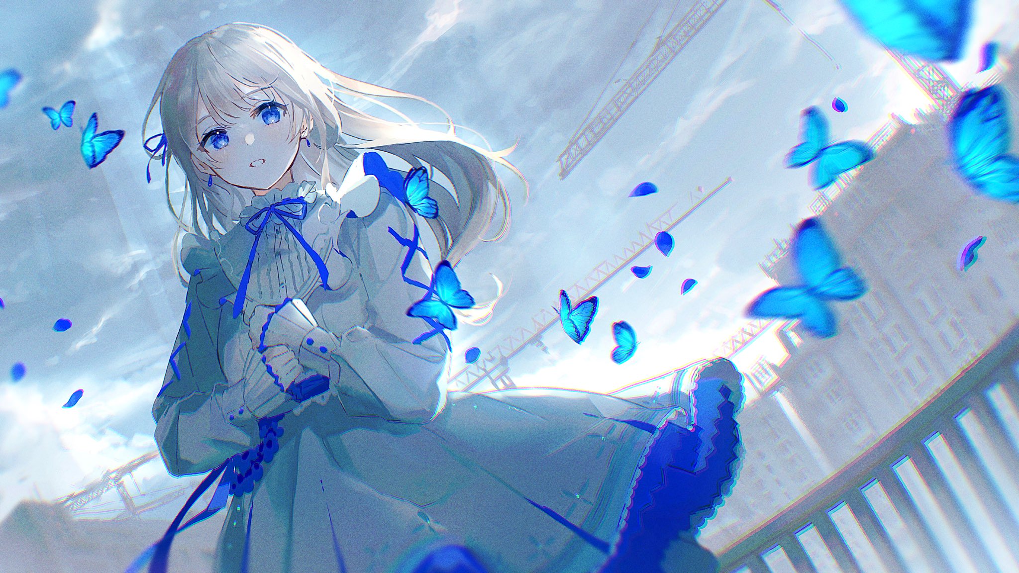 Anime Anime Girls Oyuyu Silver Hair Blue Eyes Dress Butterfly 2048x1152
